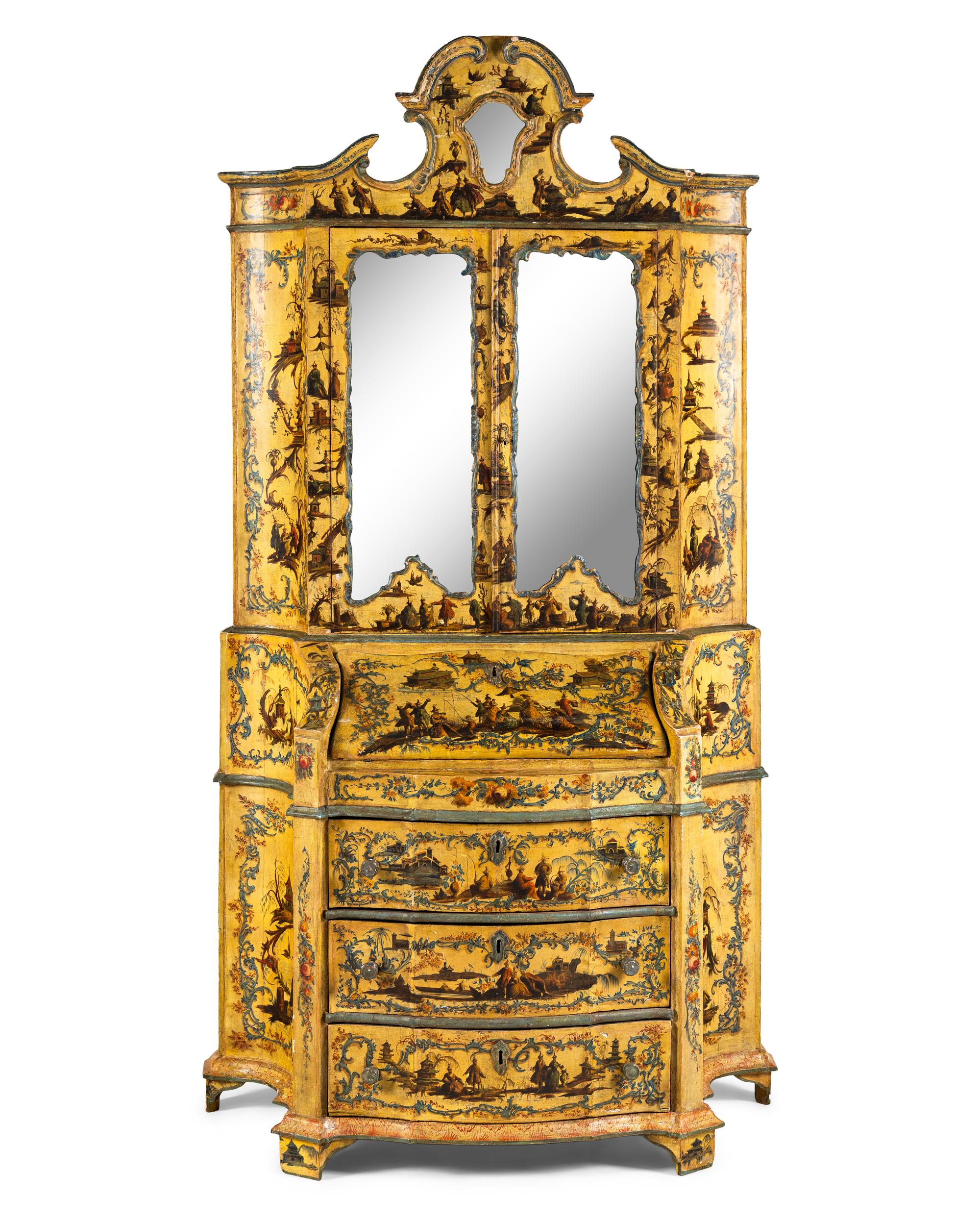 An Italian Baroque Style Cream and Polychrome Painted Bureau Cabinet