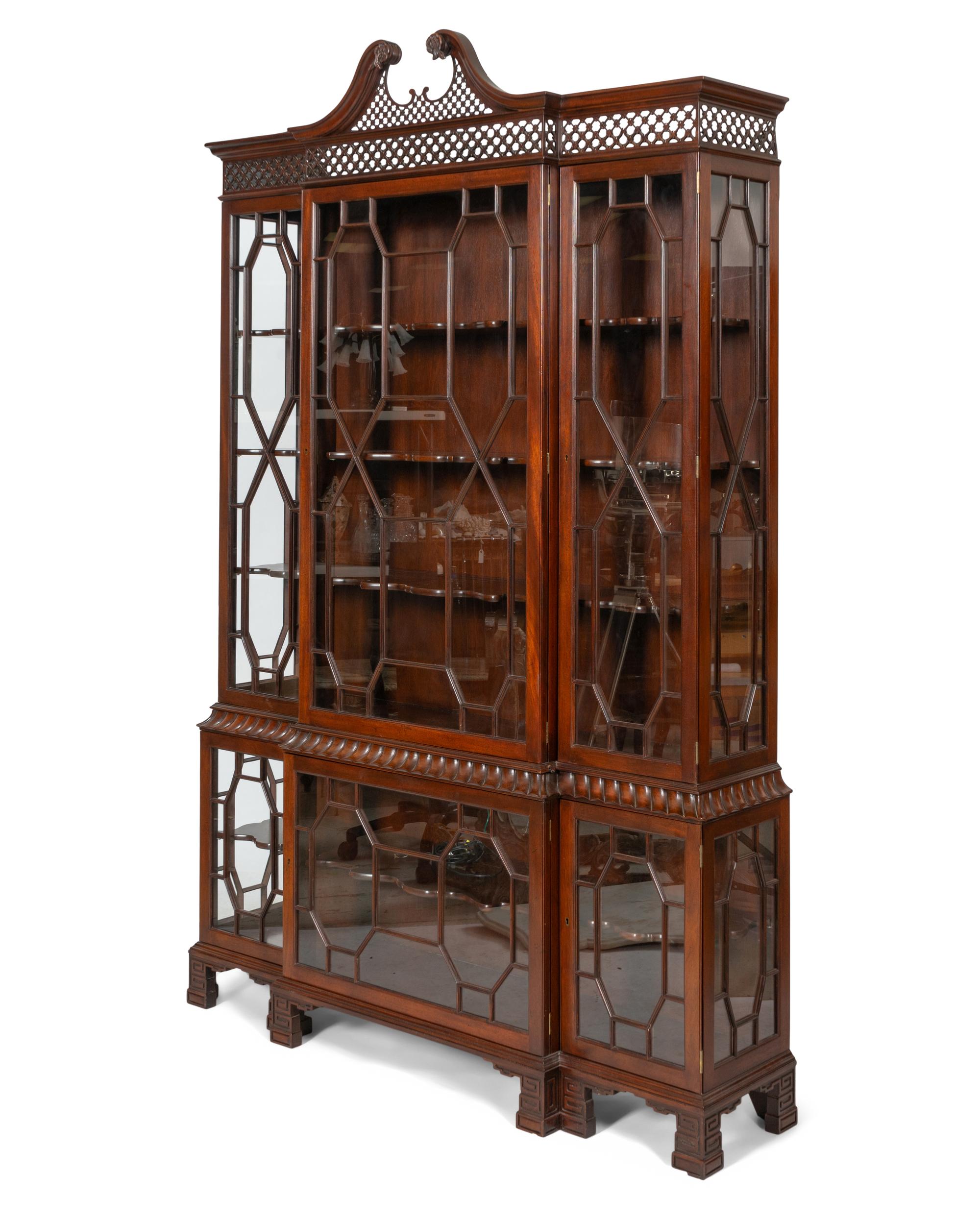 A Chinese Chippendale Style Mahogany Breakfront Bookcase