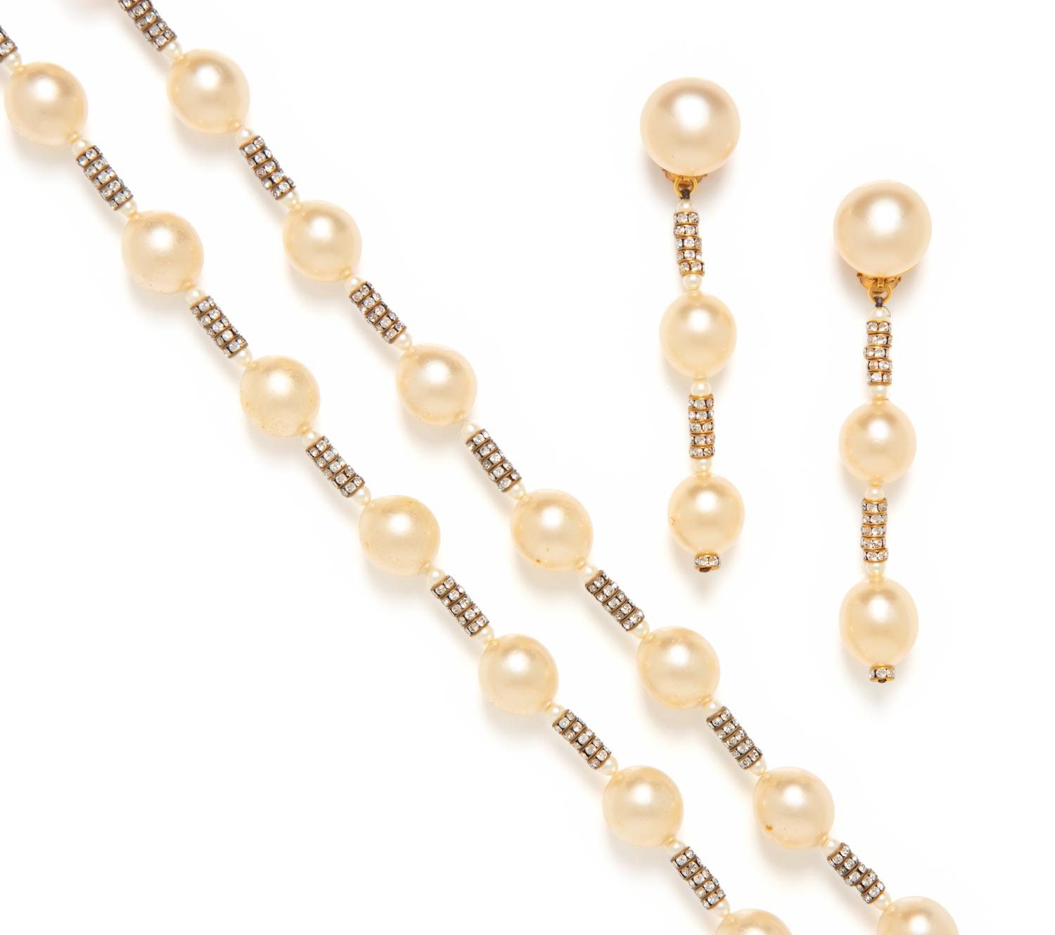 Chanel, Gripoix Pearl & Rhinestone Necklace and Ear Clips Set