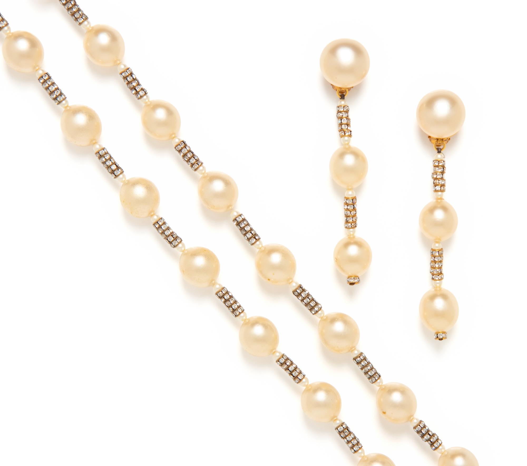 Chanel, Gripoix Pearl & Rhinestone Necklace and Ear Clips Set