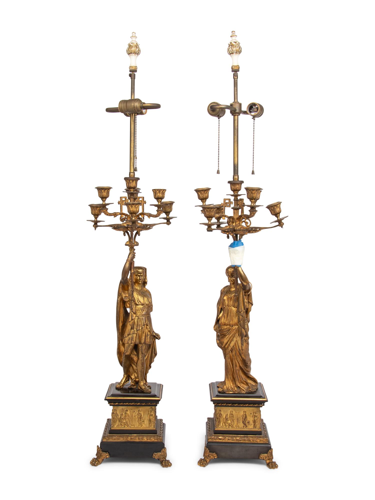 A Pair of French Neoclassical Gilt Bronze Mounted Seven-Light Candelabra