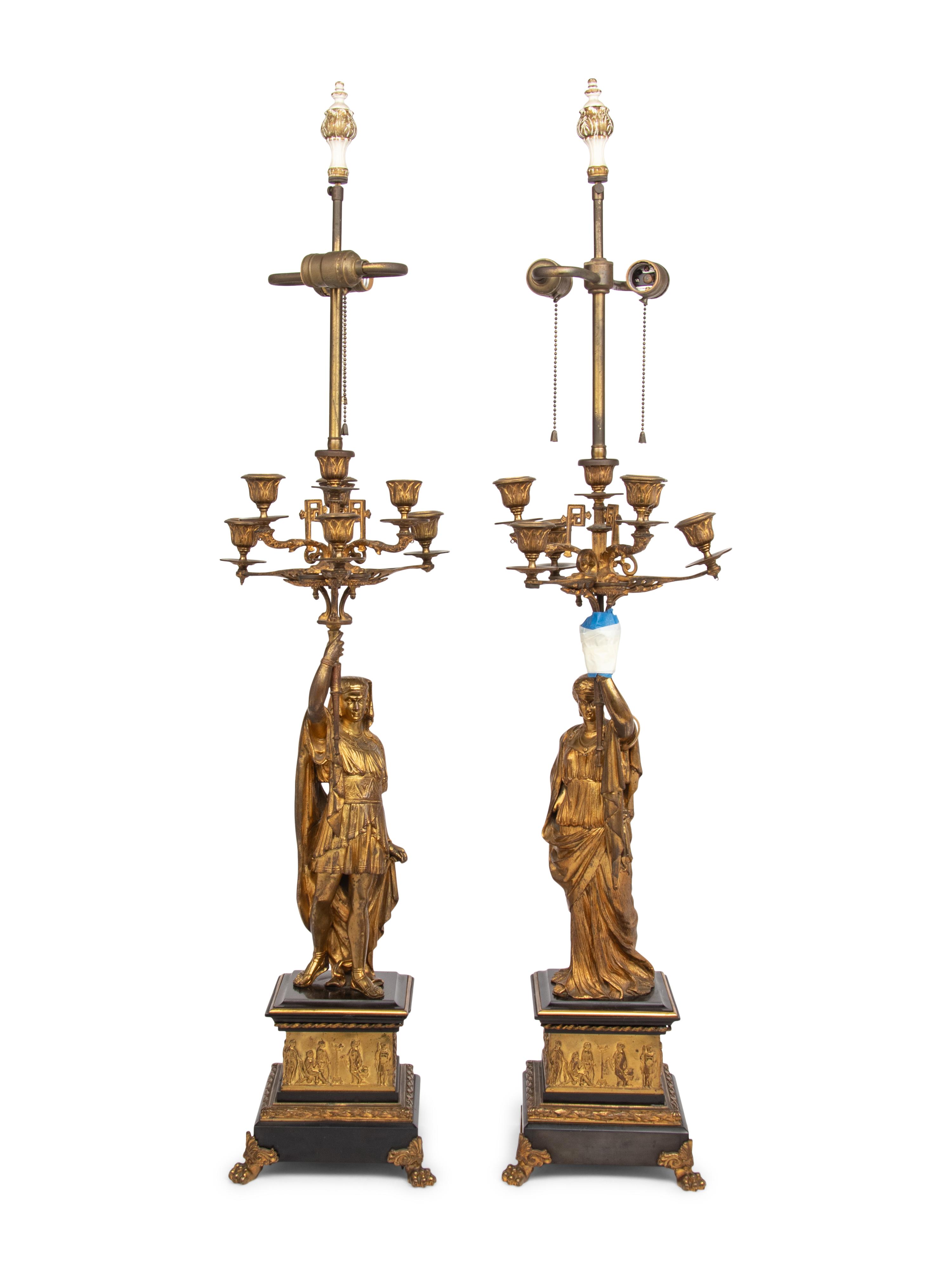 A Pair of French Neoclassical Gilt Bronze Mounted Seven-Light Candelabra