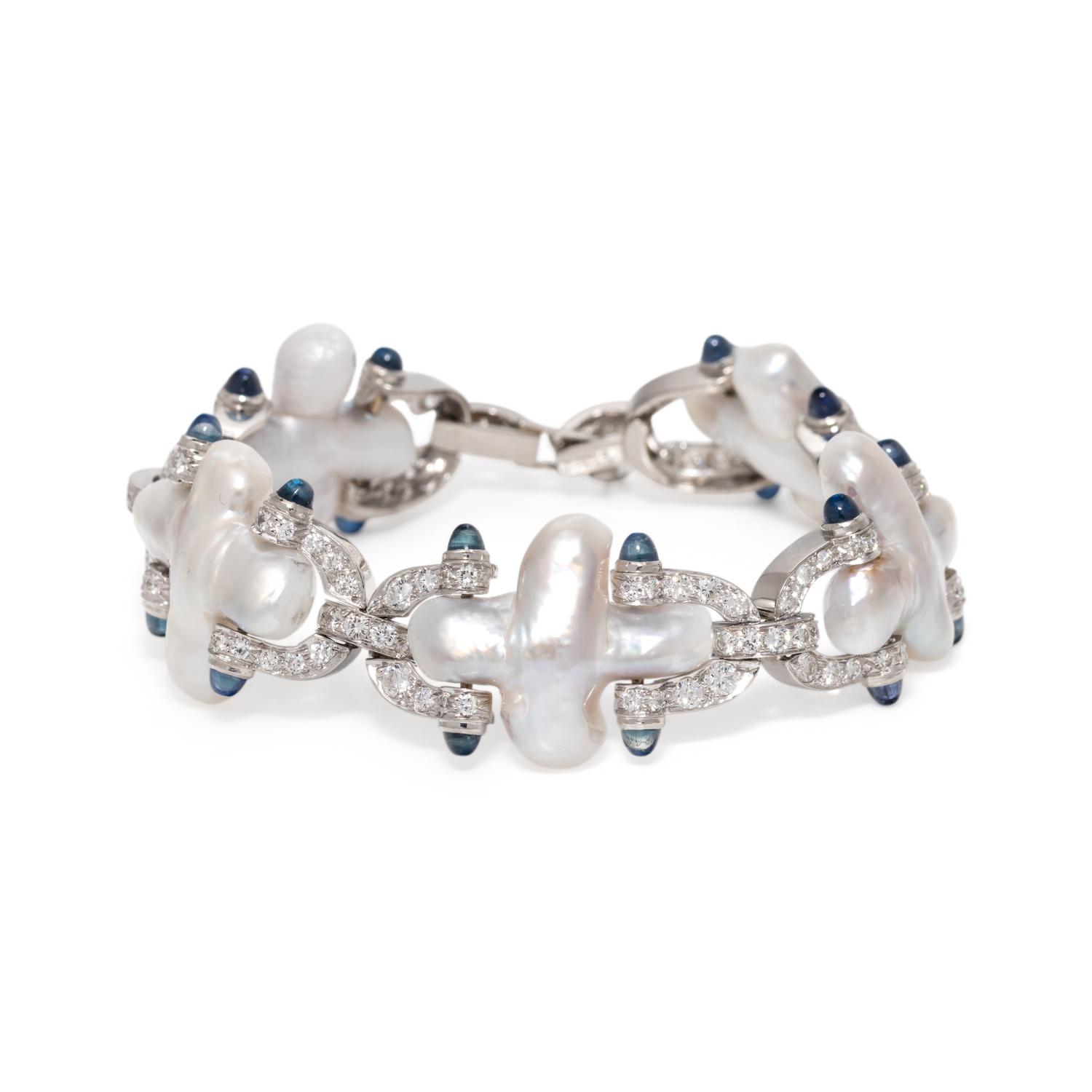 CHRISTOPHER WALLING, CULTURED BIWA PEARL, DIAMOND AND SAPPHIRE BRACELET