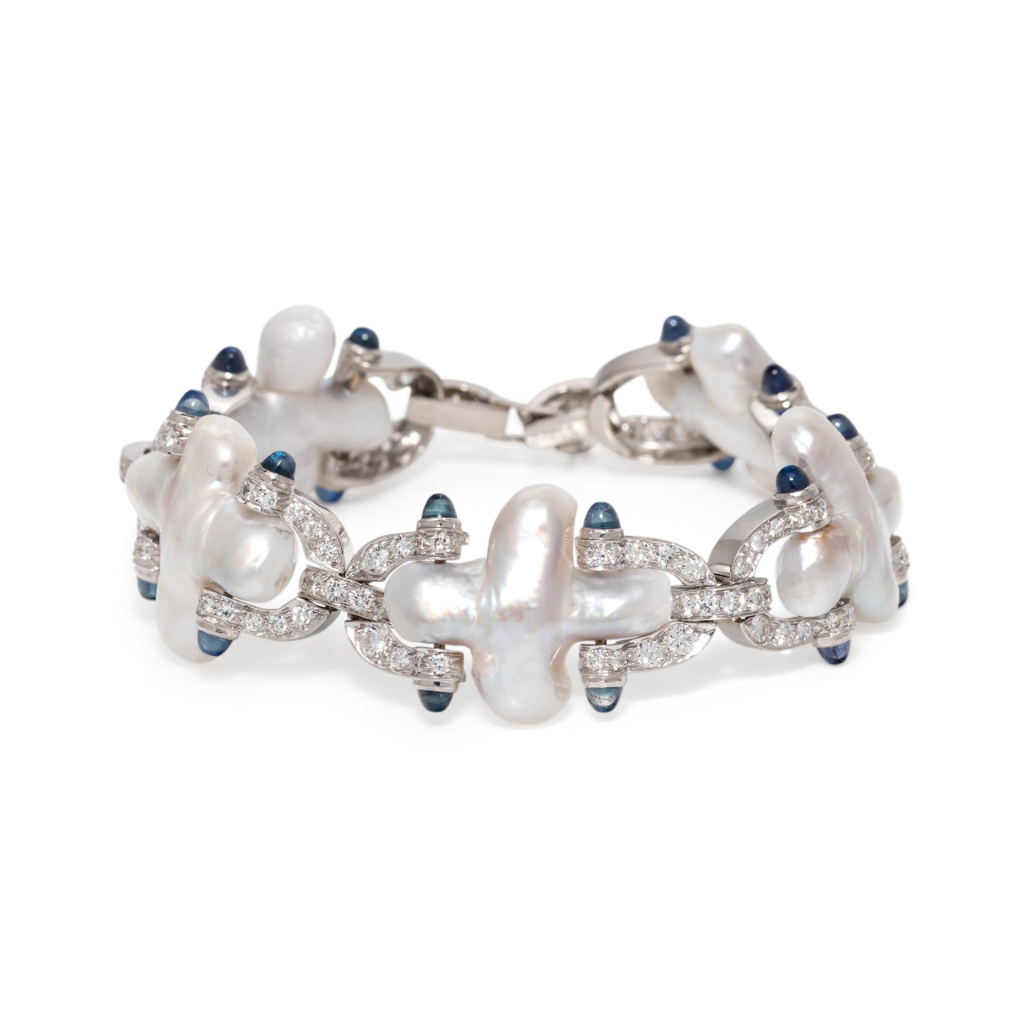 CHRISTOPHER WALLING, CULTURED BIWA PEARL, DIAMOND AND SAPPHIRE BRACELET