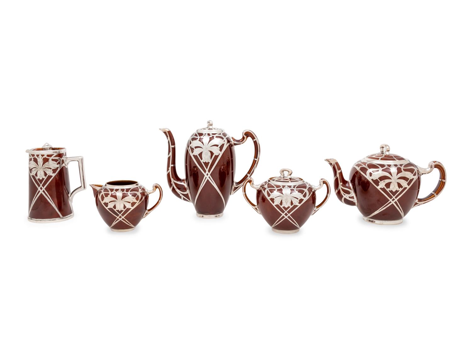 An American Silver Overaly Porcelain Five-Piece Tea and Coffee Service