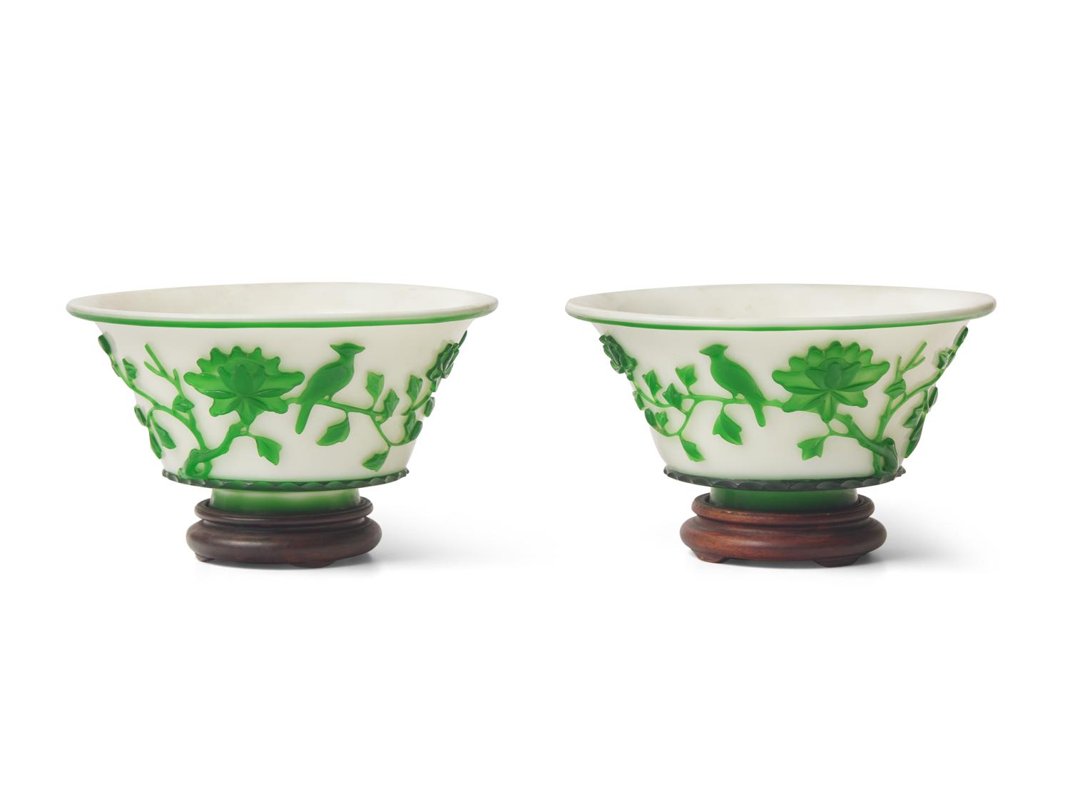 A Pair of Peking Green-Overlay Glass Bowls