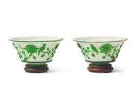 A Pair of Peking Green-Overlay Glass Bowls