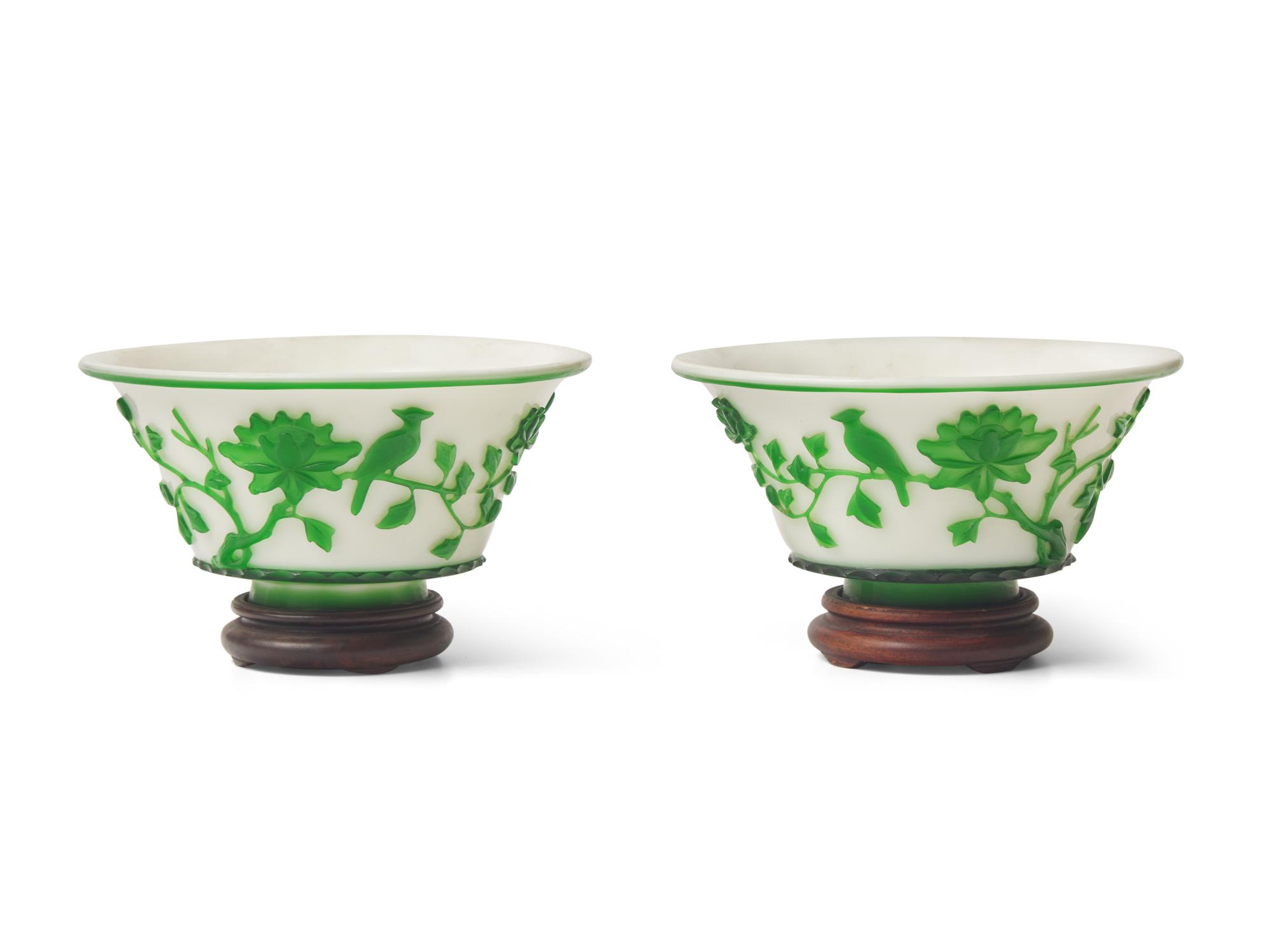 A Pair of Peking Green-Overlay Glass Bowls