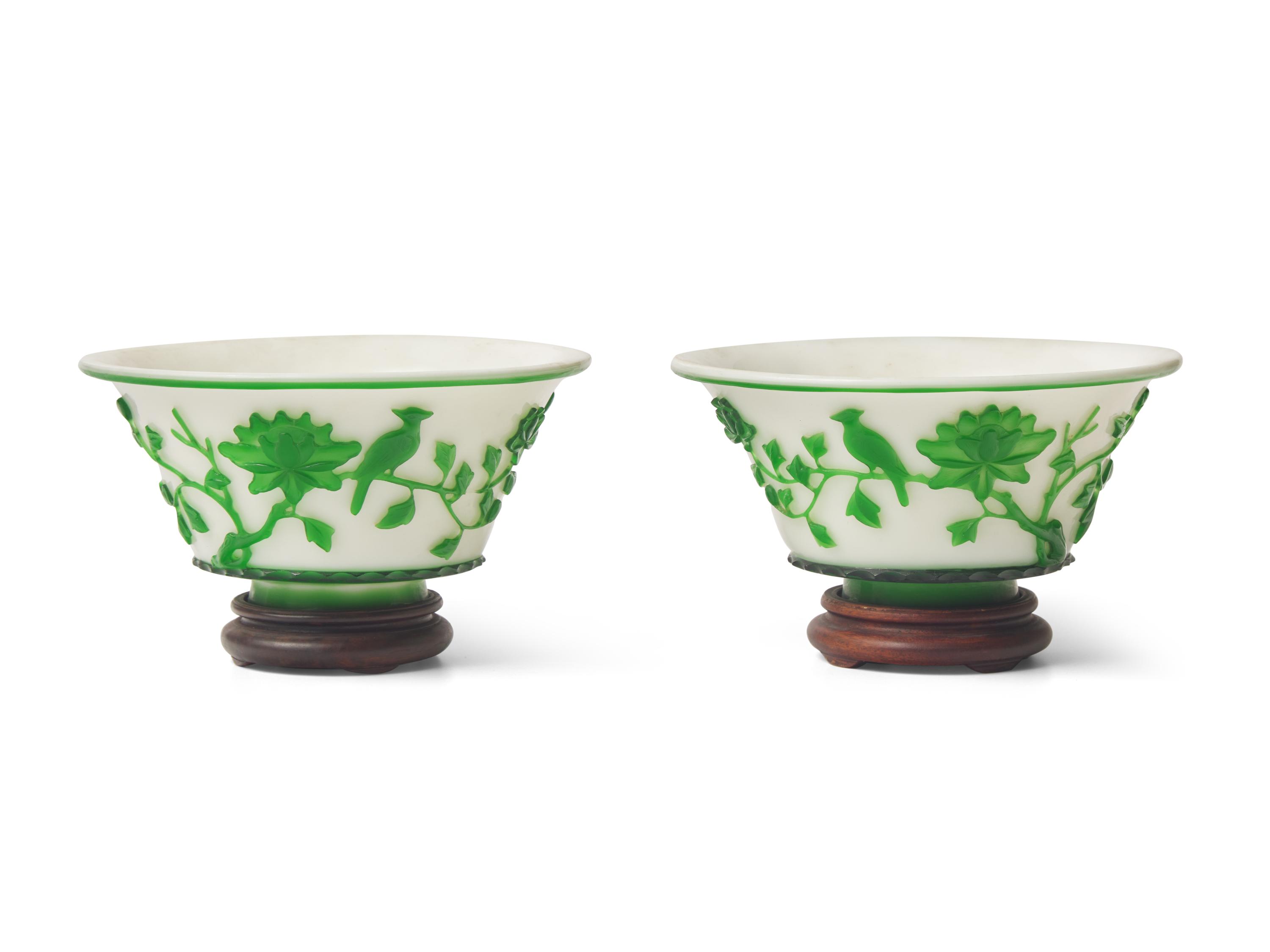 A Pair of Peking Green-Overlay Glass Bowls