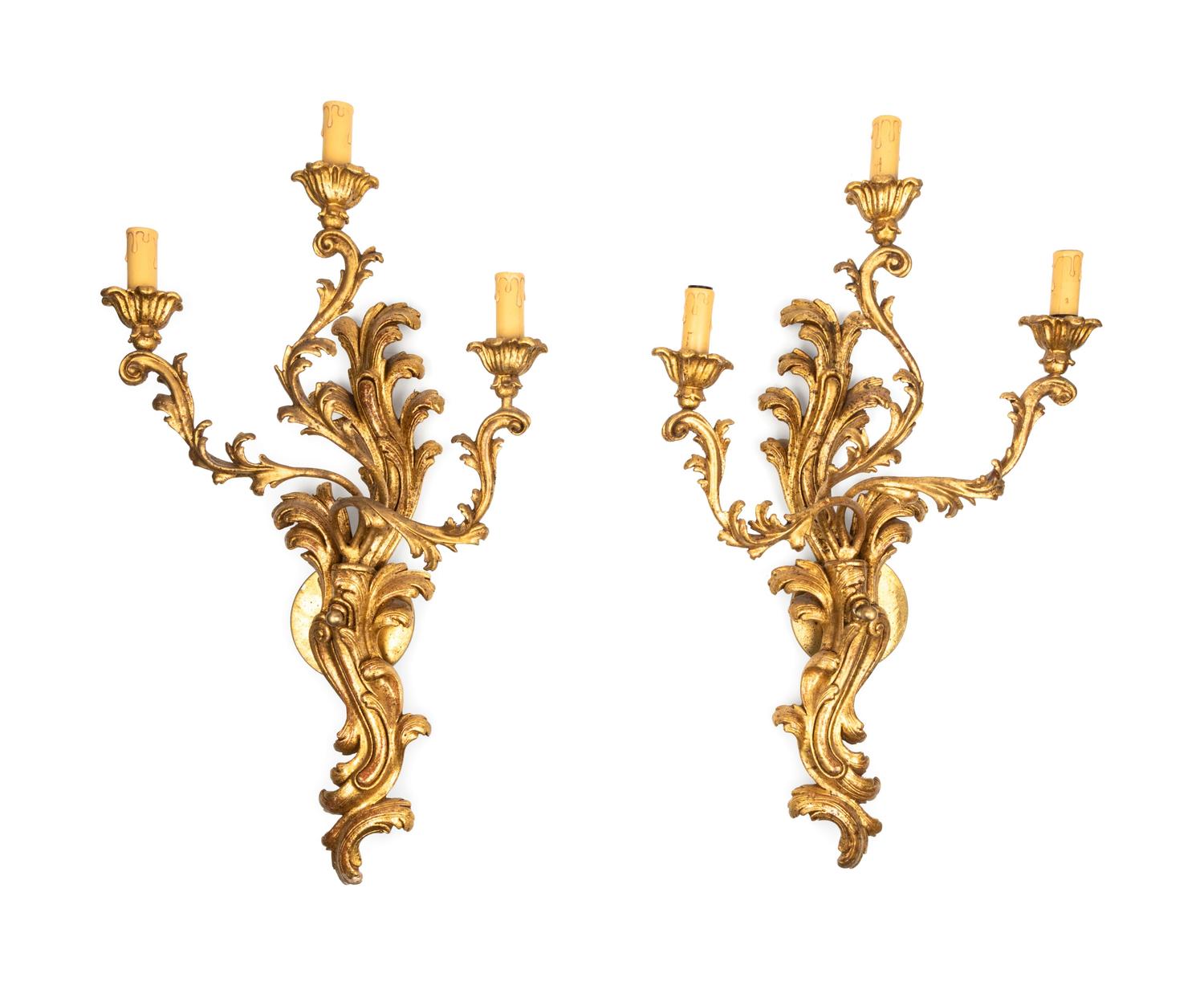 A Pair of Louis XV Style Giltwood Three-Light Sconces