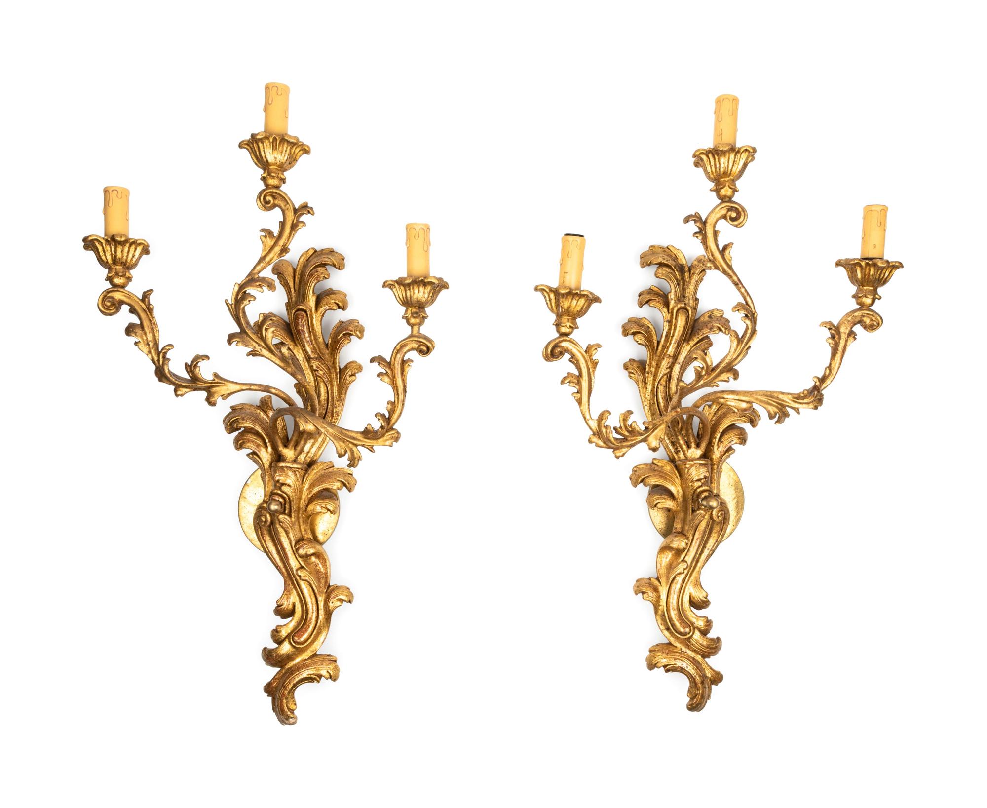 A Pair of Louis XV Style Giltwood Three-Light Sconces