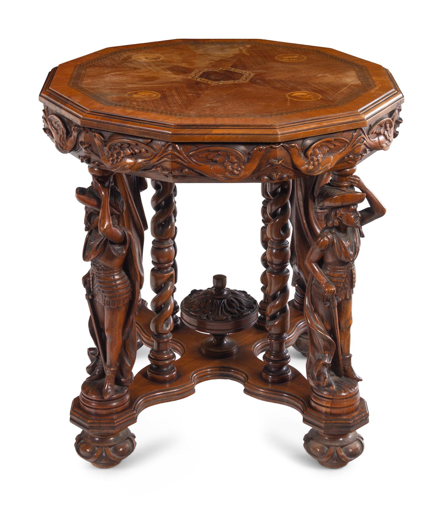 An Italian Carved Walnut and Marquetry Table