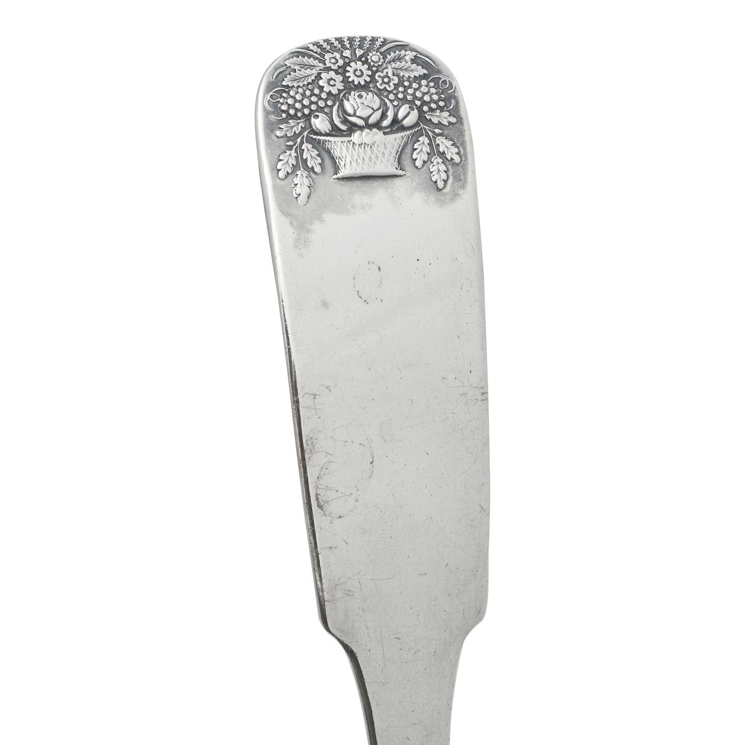 A Southern Federal Coin Silver Fiddle-Back Ladle with Cast Flower Basket