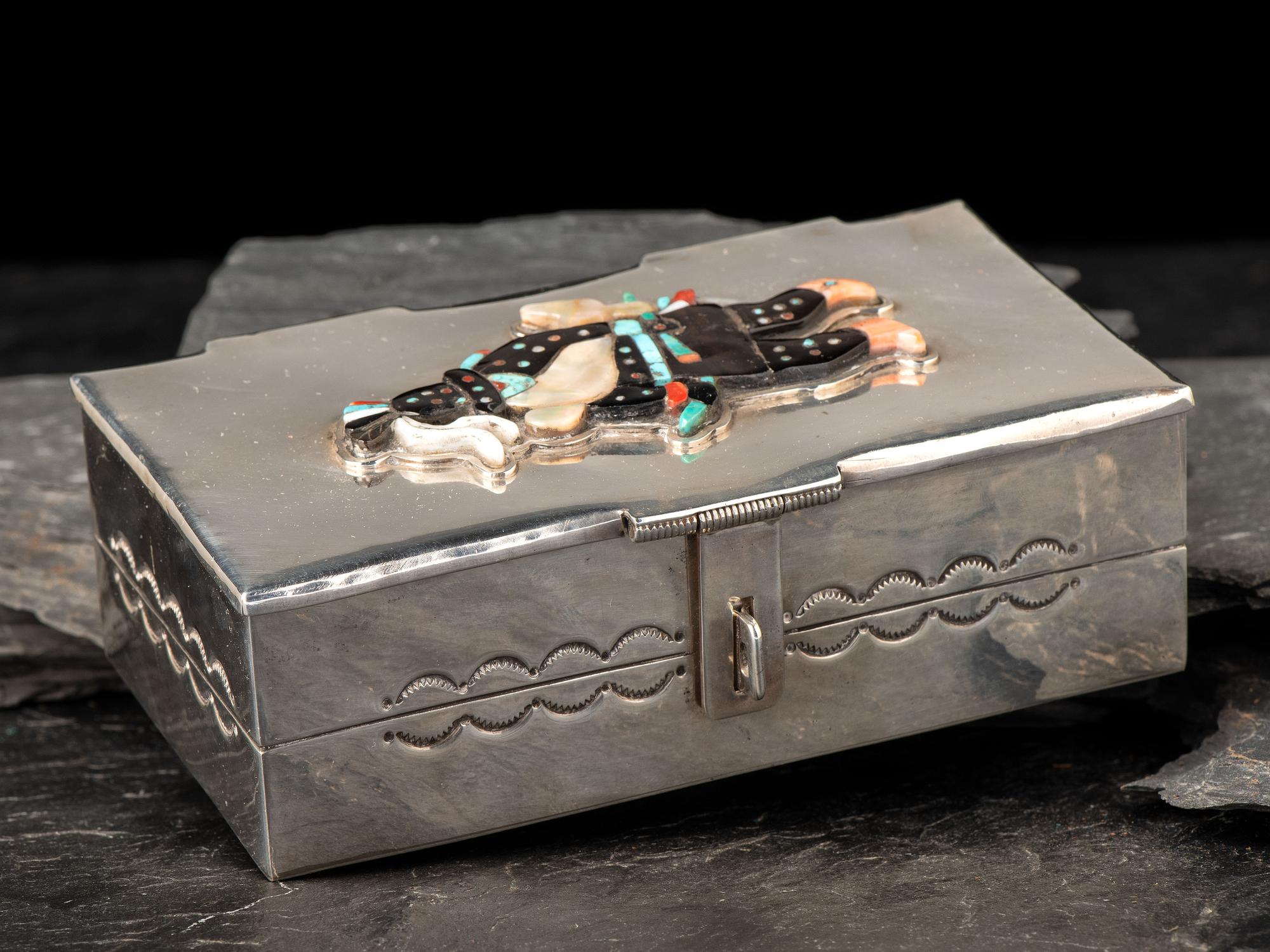 Mosaic Inlay Fire God Figure on Navajo Sterling Silver Box