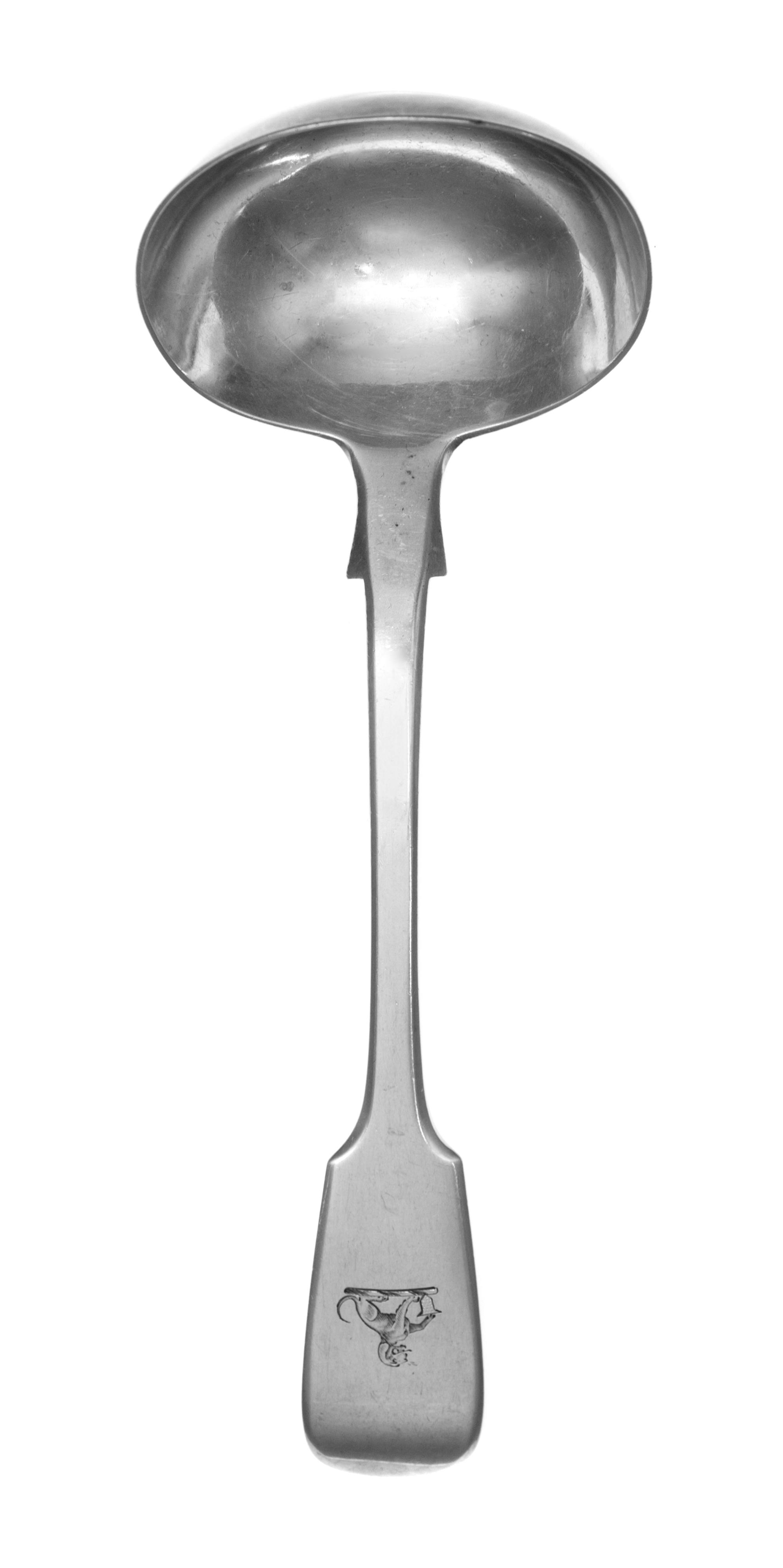 A Victorian Silver Sauce Ladle, George Angell & Co., London, 1864, having a fiddle form handle with an engraved dog passant.
