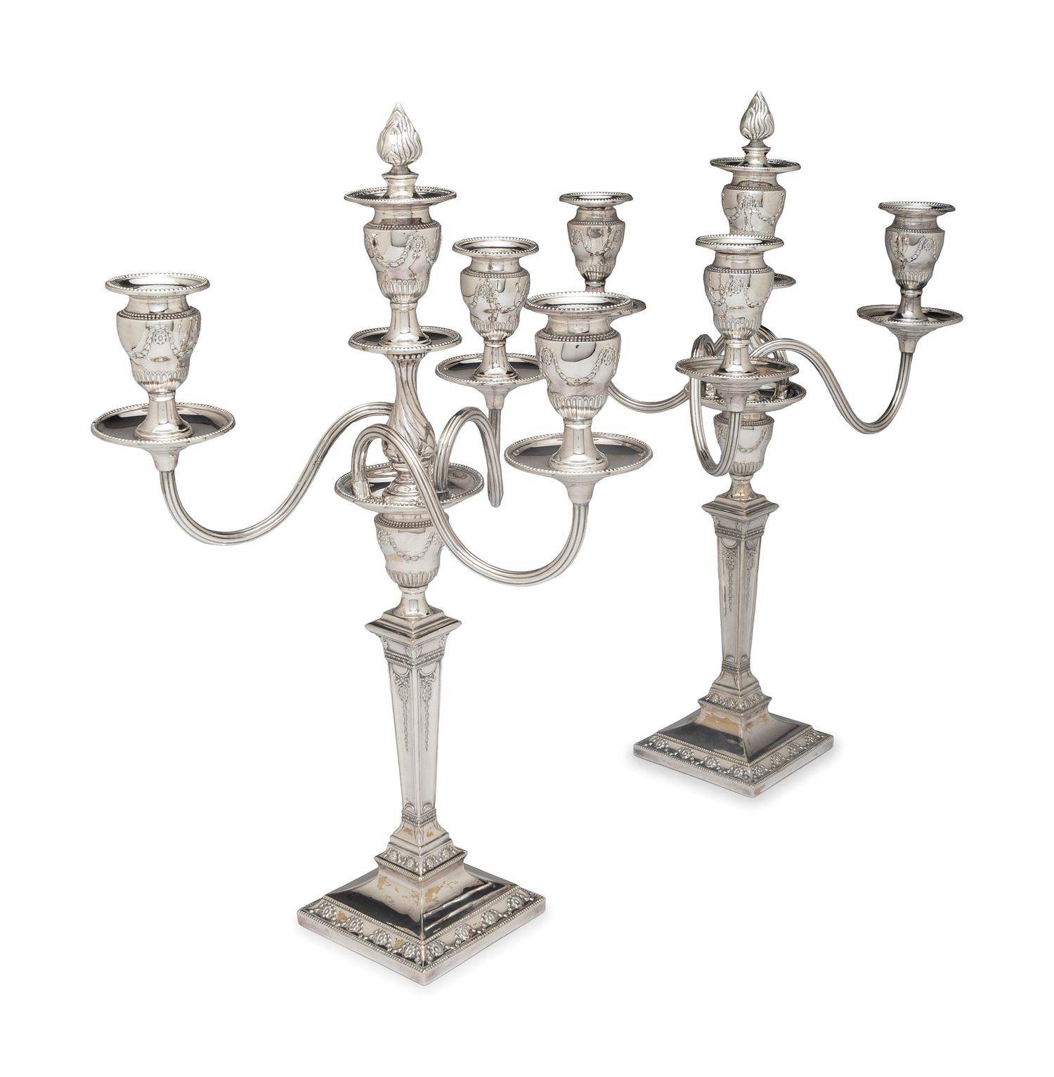 A Pair of Neoclassical Silver-Plate Four-Light Convertible Candelabra