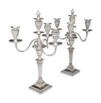 A Pair of Neoclassical Silver-Plate Four-Light Convertible Candelabra