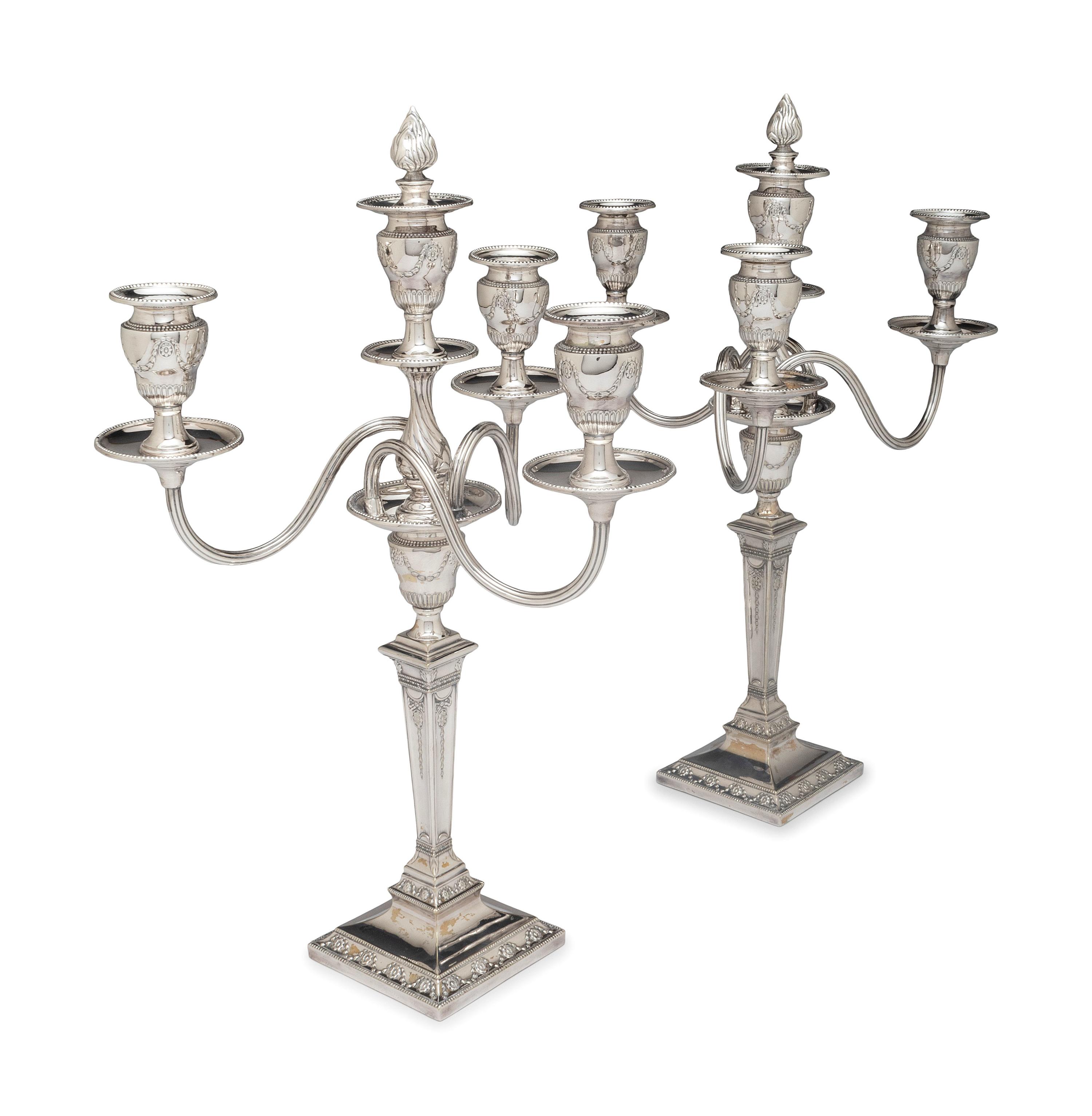 A Pair of Neoclassical Silver-Plate Four-Light Convertible Candelabra