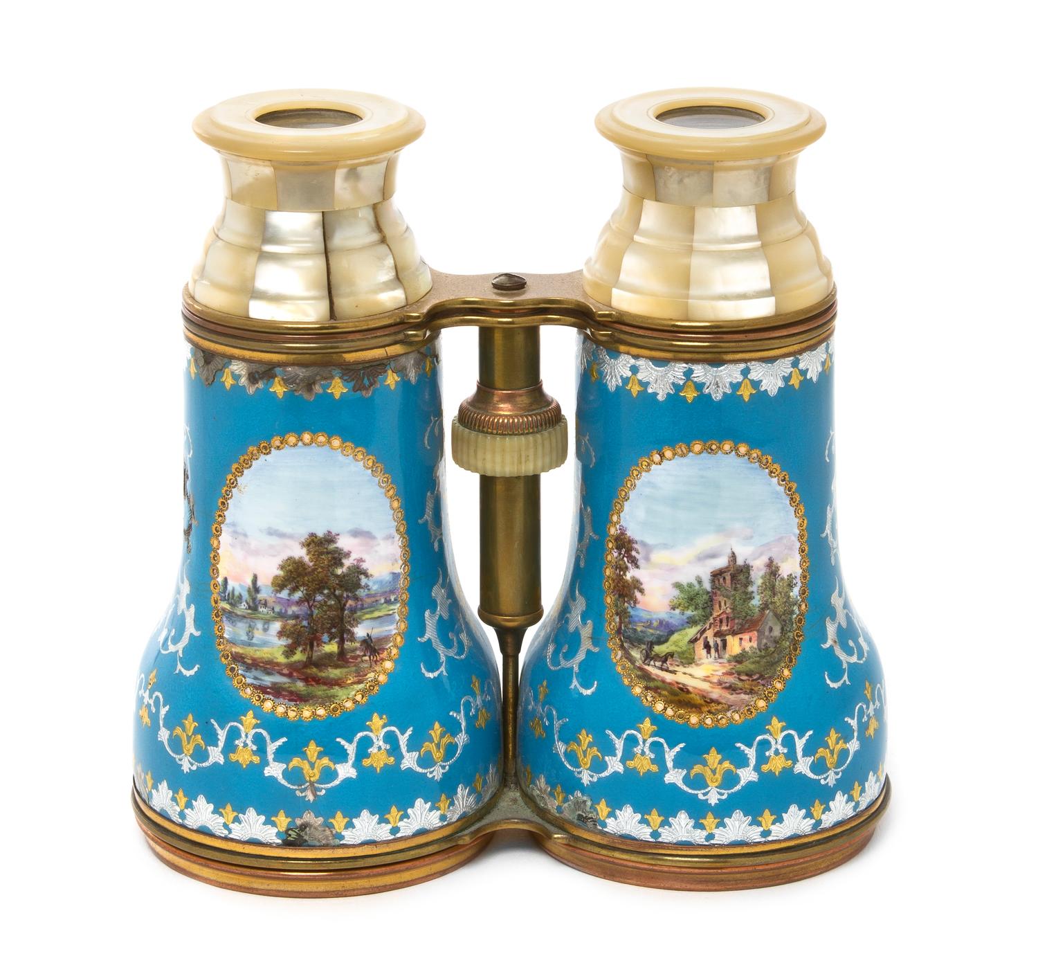 A Pair of of French Enameled and Mother-of-Pearl Opera Glasses, Width 5 1/8 inches.