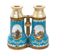 A Pair of of French Enameled and Mother-of-Pearl Opera Glasses, Width 5 1/8 inches.