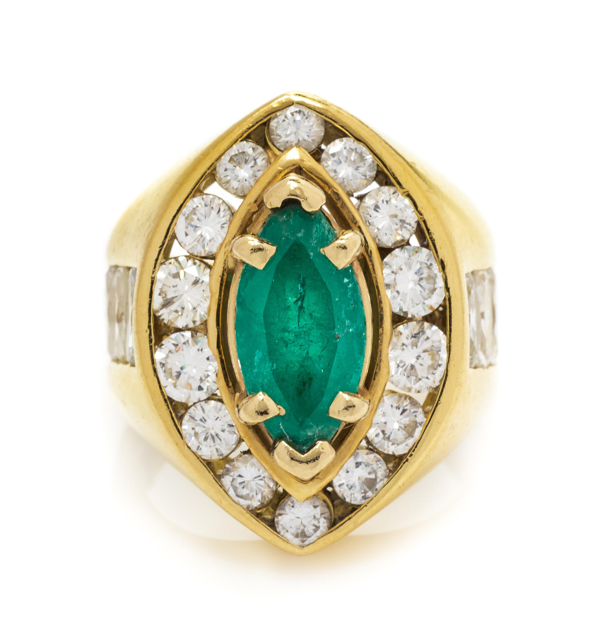 An 18 Karat Yellow Gold, Emerald and Diamond Ring, 11.30 dwts.