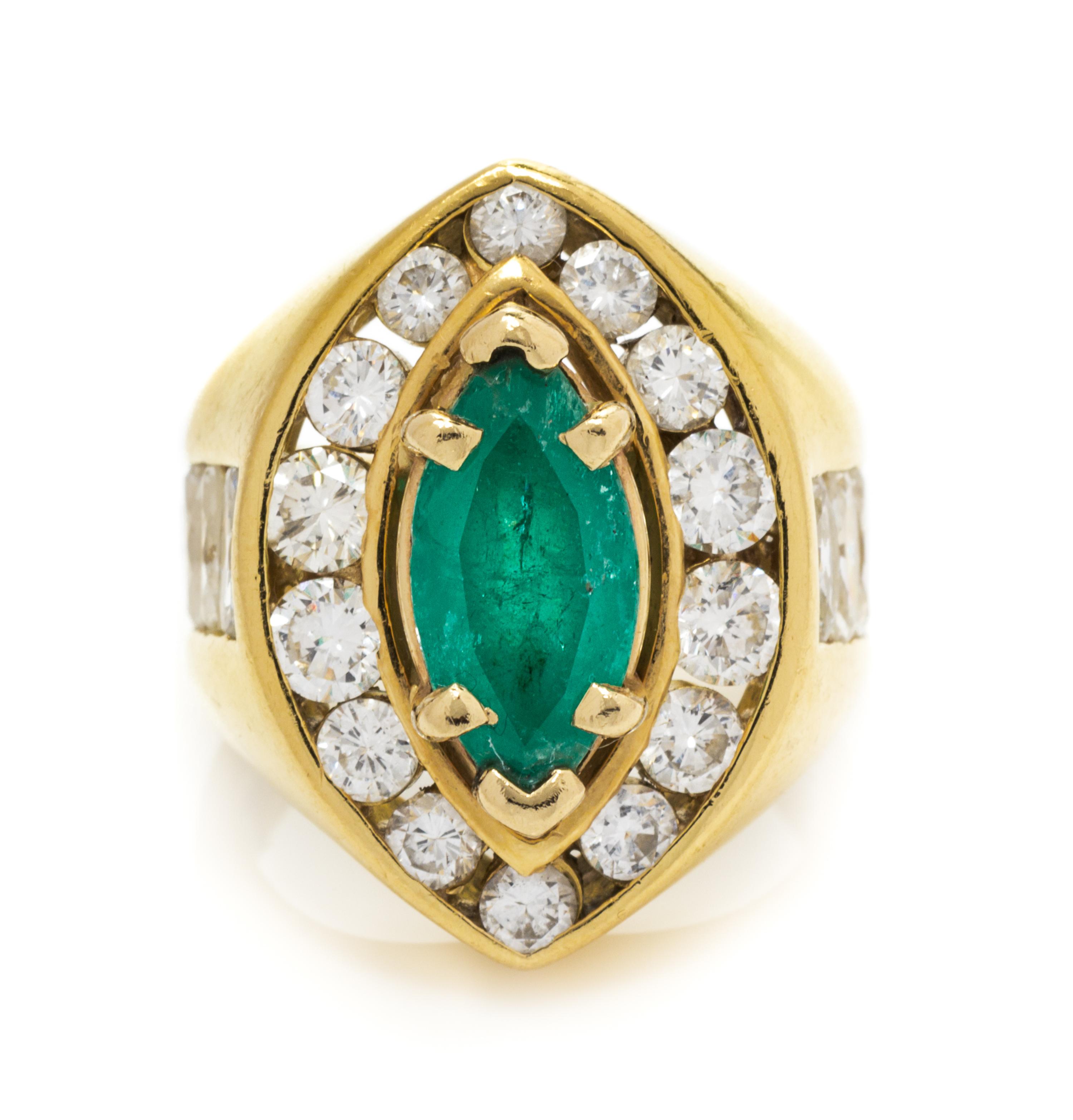 An 18 Karat Yellow Gold, Emerald and Diamond Ring, 11.30 dwts.