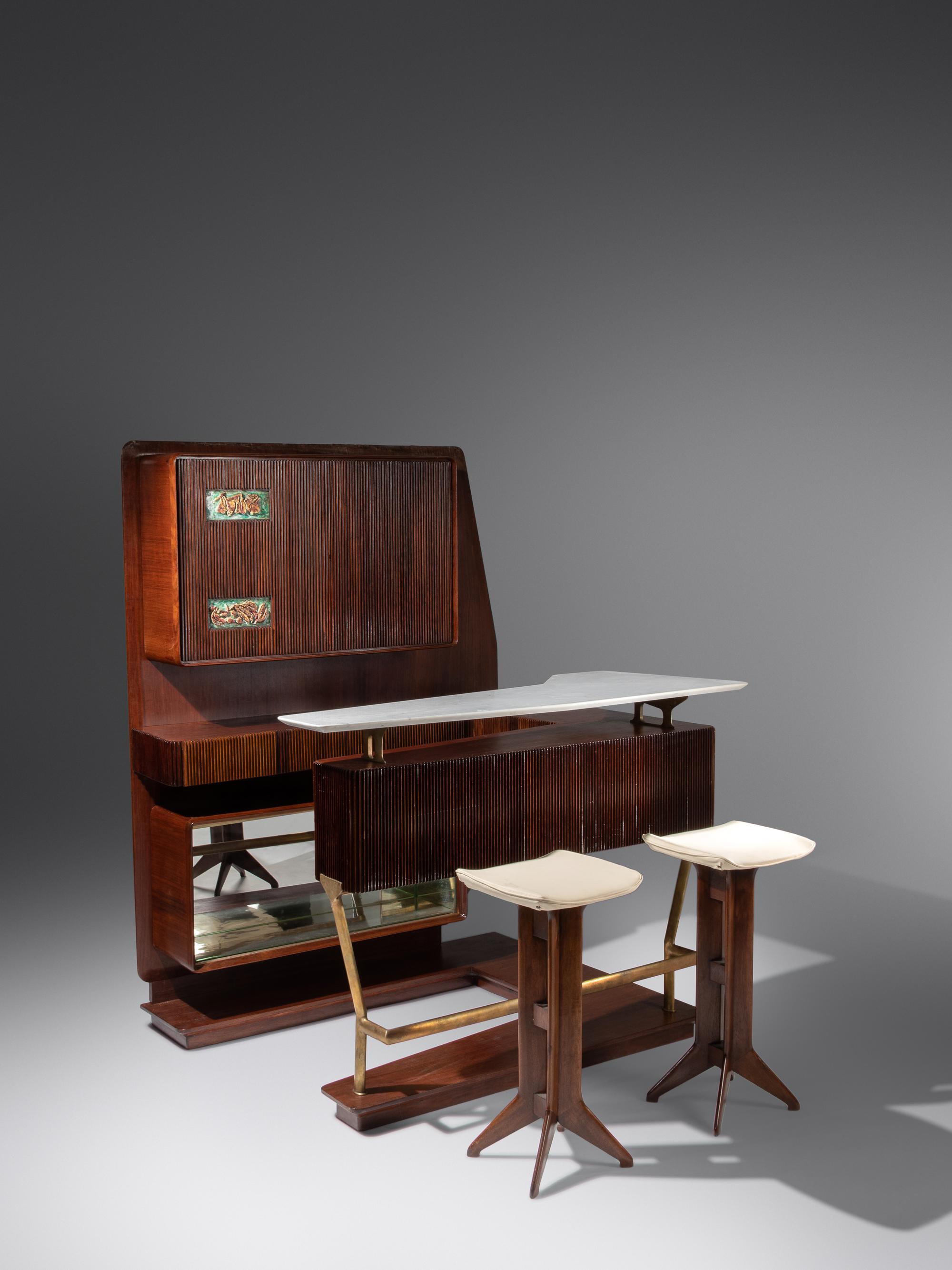 Bar Cabinet and Pair of Bar Stools, c. 1950
