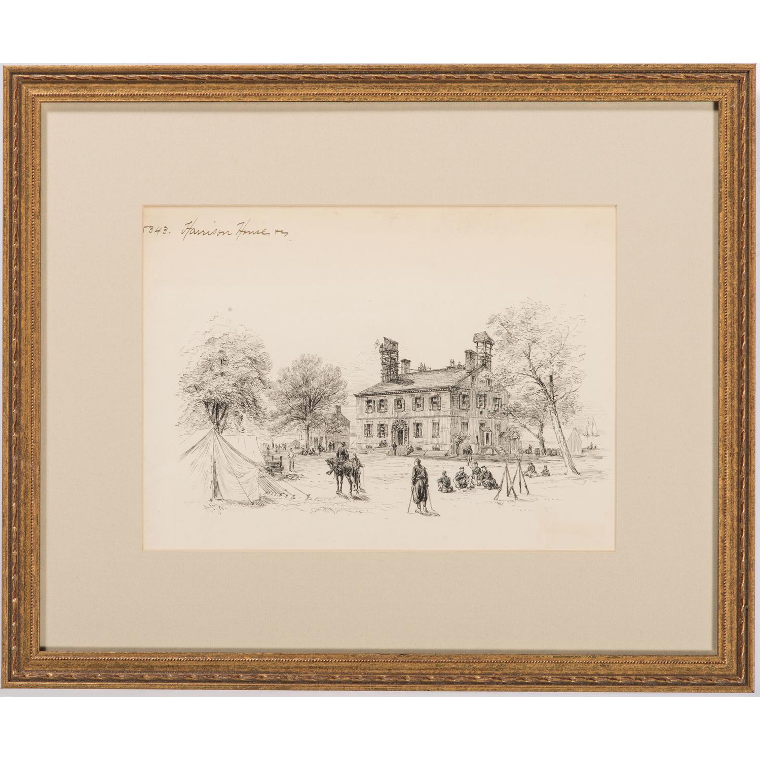 Harrison House, Pen and Ink Sketch by Alfred R. Waud