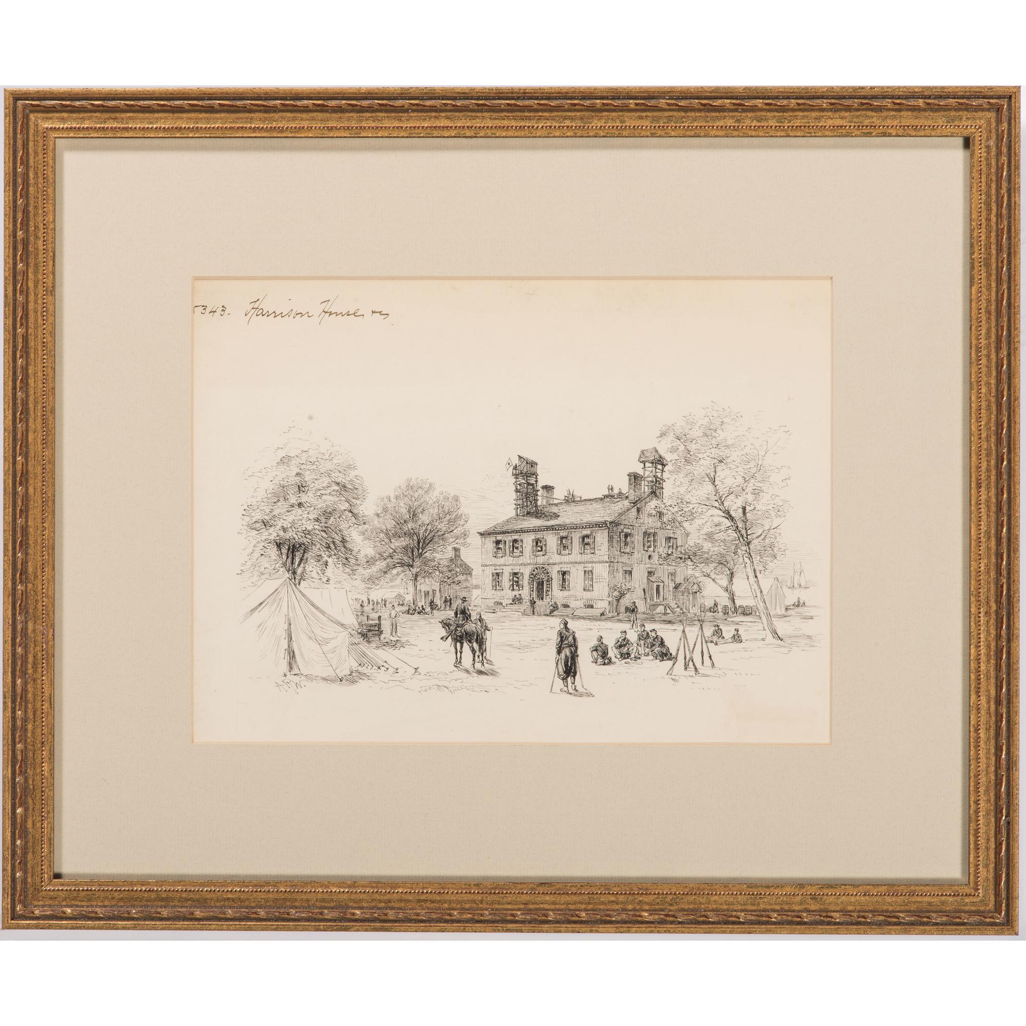 Harrison House, Pen and Ink Sketch by Alfred R. Waud