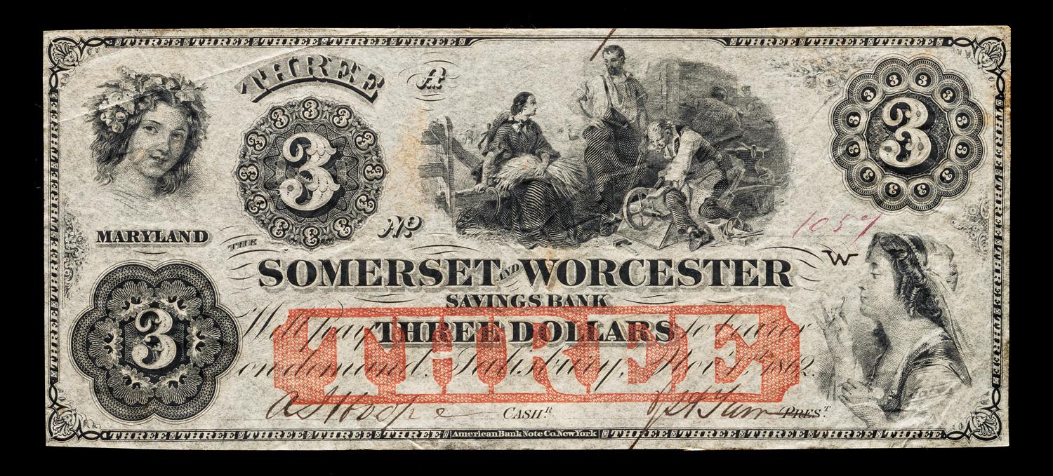 Obsolete $3 Bank Note: The Somerset & Worcester Savings Bank — SOMERSET & WORCESTER, MARYLAND, 1862