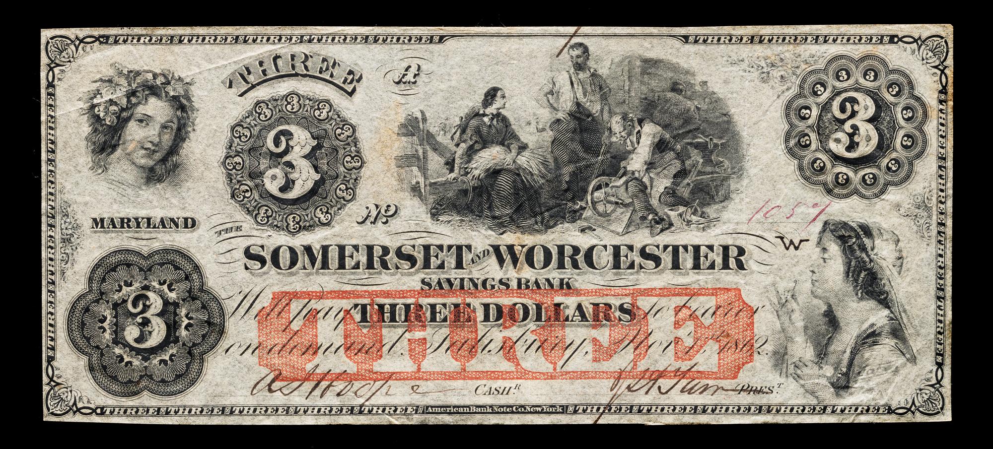 Obsolete $3 Bank Note: The Somerset & Worcester Savings Bank — SOMERSET & WORCESTER, MARYLAND, 1862