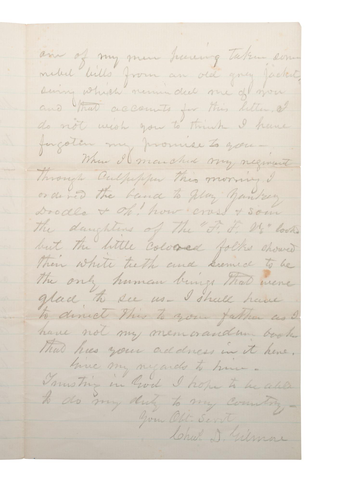 GILMORE, Charles D. (1816-1884). Autograph letter signed ("Chas. D. Gilmore"). "Near Cedar Mountain Va," 17 September 1863.