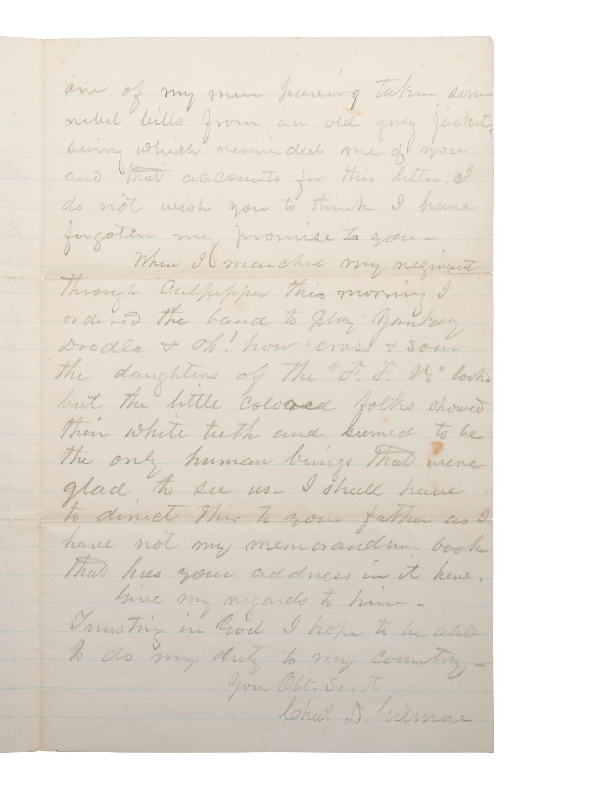 GILMORE, Charles D. (1816-1884). Autograph letter signed ("Chas. D. Gilmore"). "Near Cedar Mountain Va," 17 September 1863.