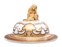 A Pair of Chinese Export Parcel Gilt and Sepia Decorated Porcelain Covered Urns