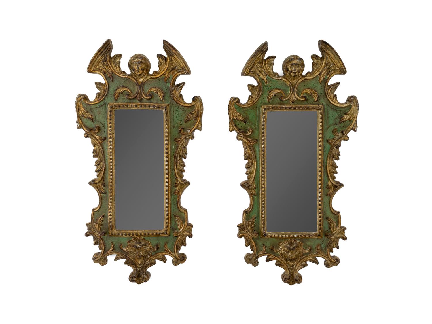 A Pair of Italian Neoclassical Style Parcel-Gilt and Painted Mirrors