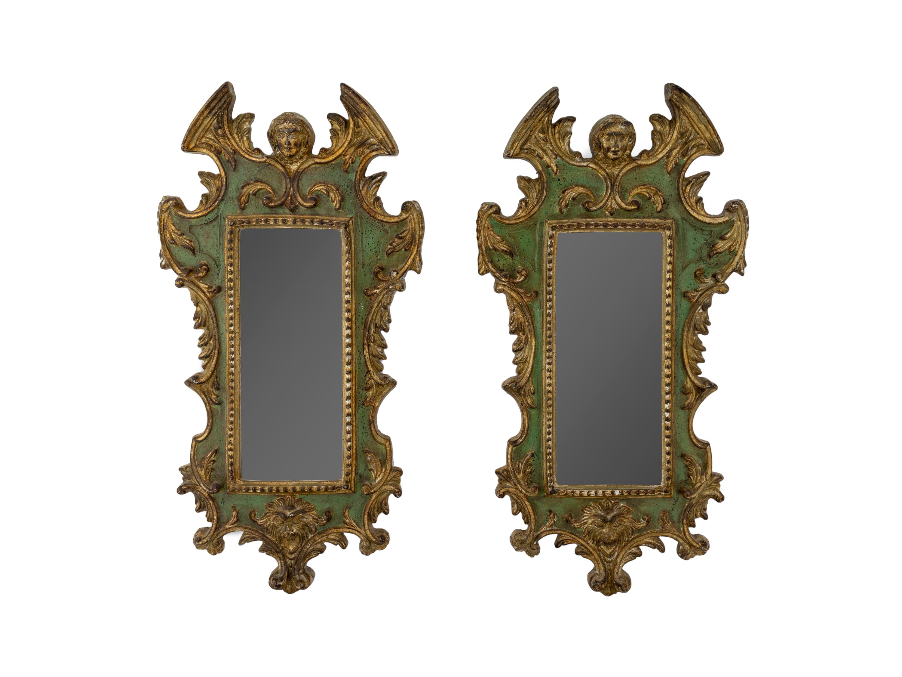 A Pair of Italian Neoclassical Style Parcel-Gilt and Painted Mirrors