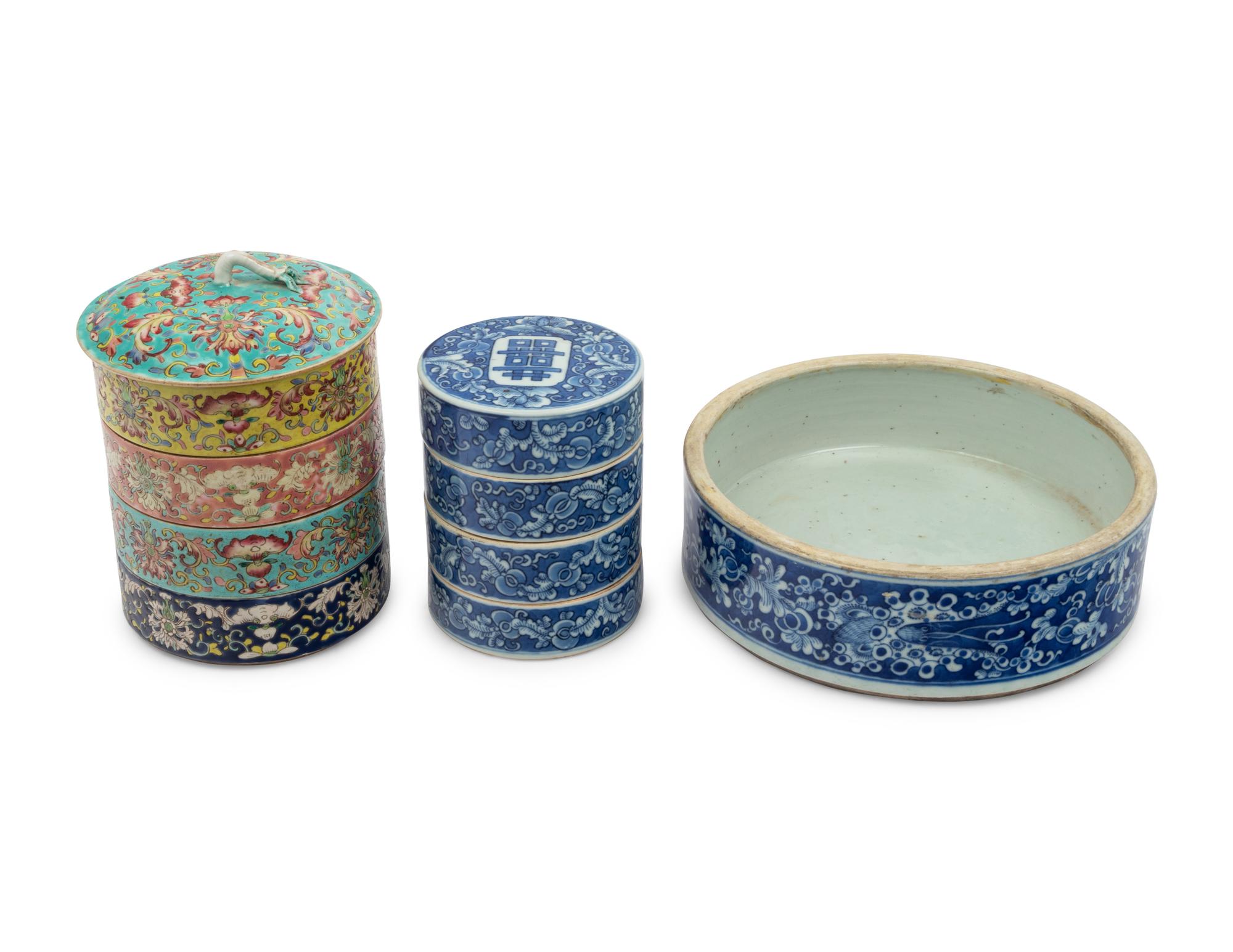 Two Chinese Porcelain Stacking Boxes and A Tray