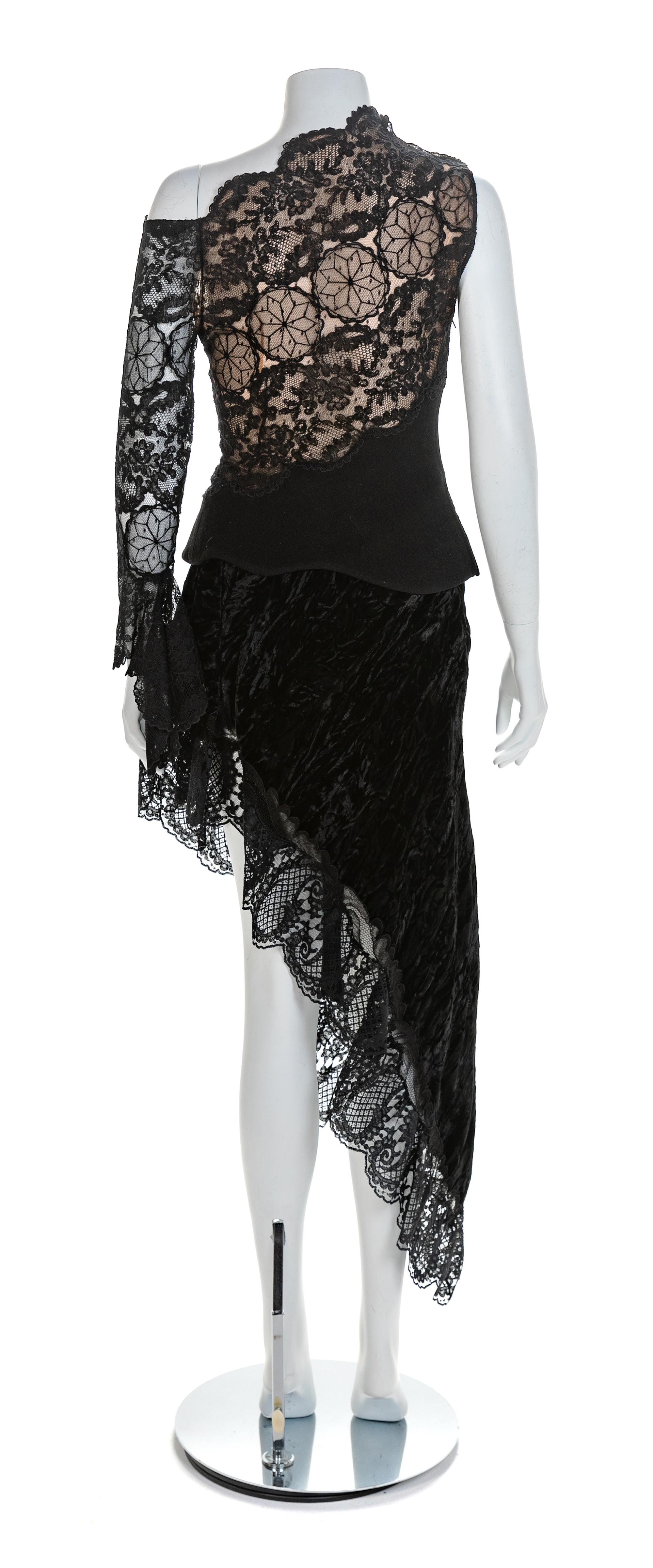 Atelier Versace Black Lace Top with Black Velvet and Lace Skirt, 1990s