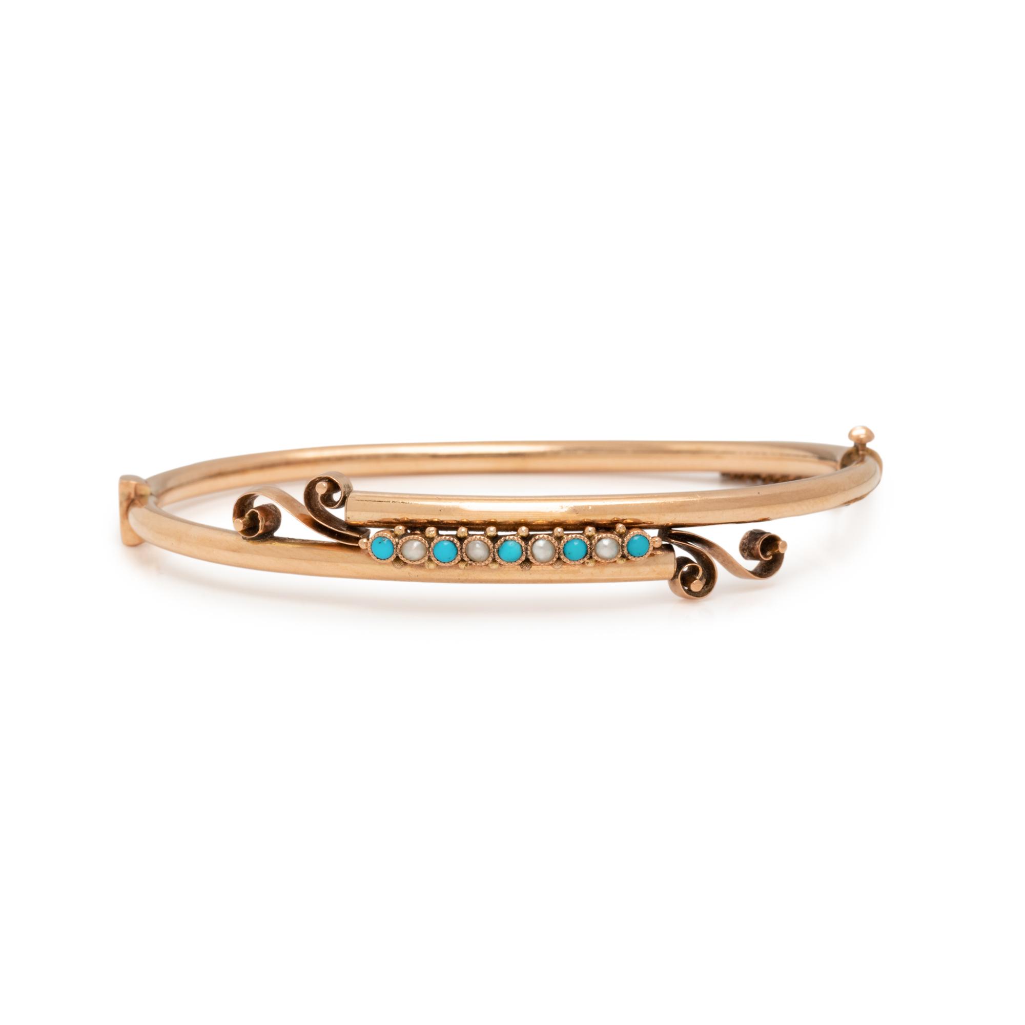 ANTIQUE, TURQUOISE AND SEED PEARL BANGLE BRACELET