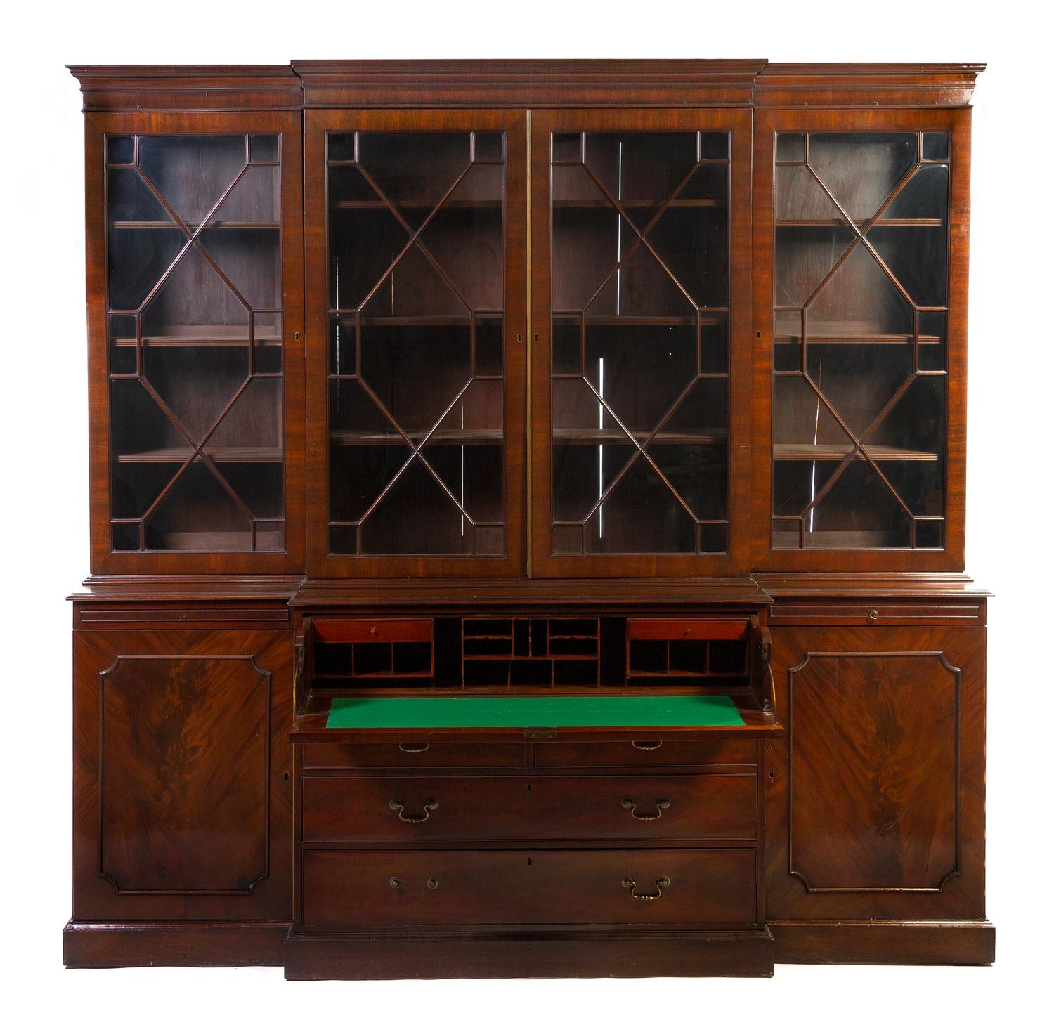 A Georgian Style Mahogany Breakfront Secretary Bookcase, Height 96 1/2 x width 98 x depth 22 3/4 inches.
