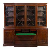 A Georgian Style Mahogany Breakfront Secretary Bookcase, Height 96 1/2 x width 98 x depth 22 3/4 inches.