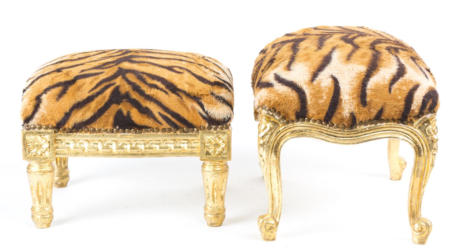 Two Faux Tiger Skin Gilt Footstools Height of larger 11 inches.