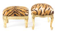 Two Faux Tiger Skin Gilt Footstools Height of larger 11 inches.