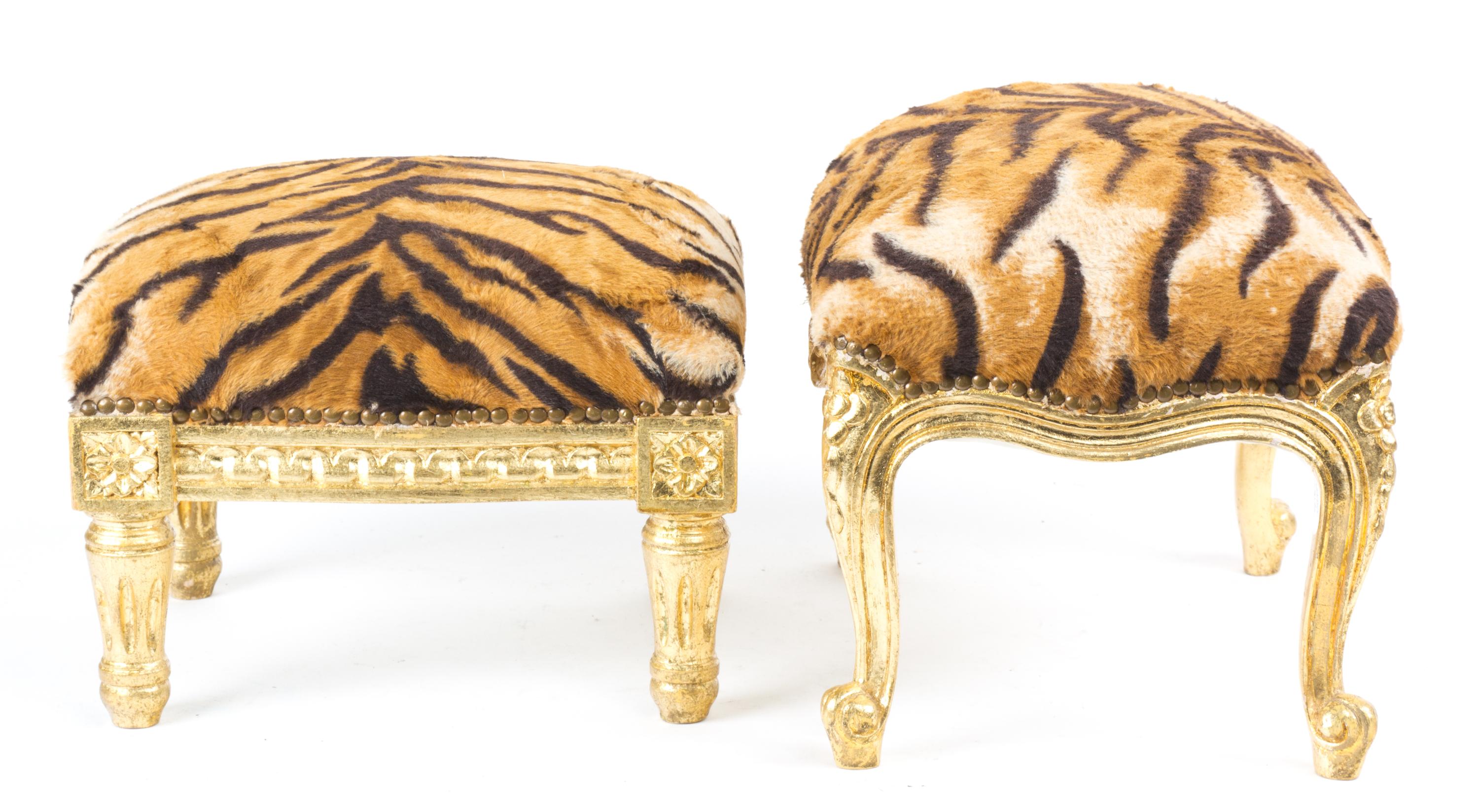 Two Faux Tiger Skin Gilt Footstools Height of larger 11 inches.