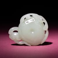 A Chinese Pale Celadon Jade 'Lingzhi and Mushroom' Carving, 18th/19th Century — 清中期 白玉靈芝佩