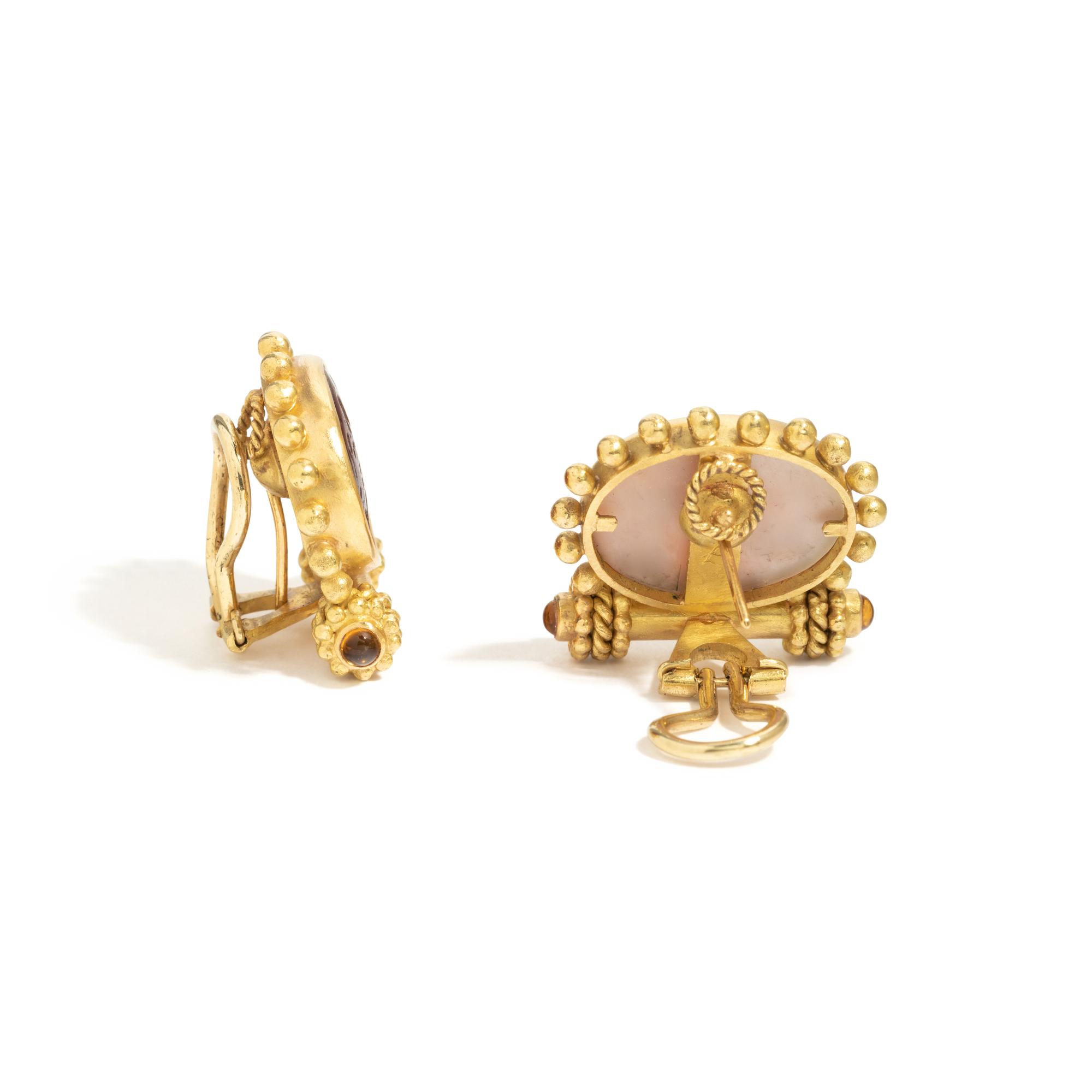 ELIZABETH LOCKE, YELLOW GOLD, CITRINE AND GLASS AND MOTHER-OF-PEARL INTAGLIO EARCLIPS
