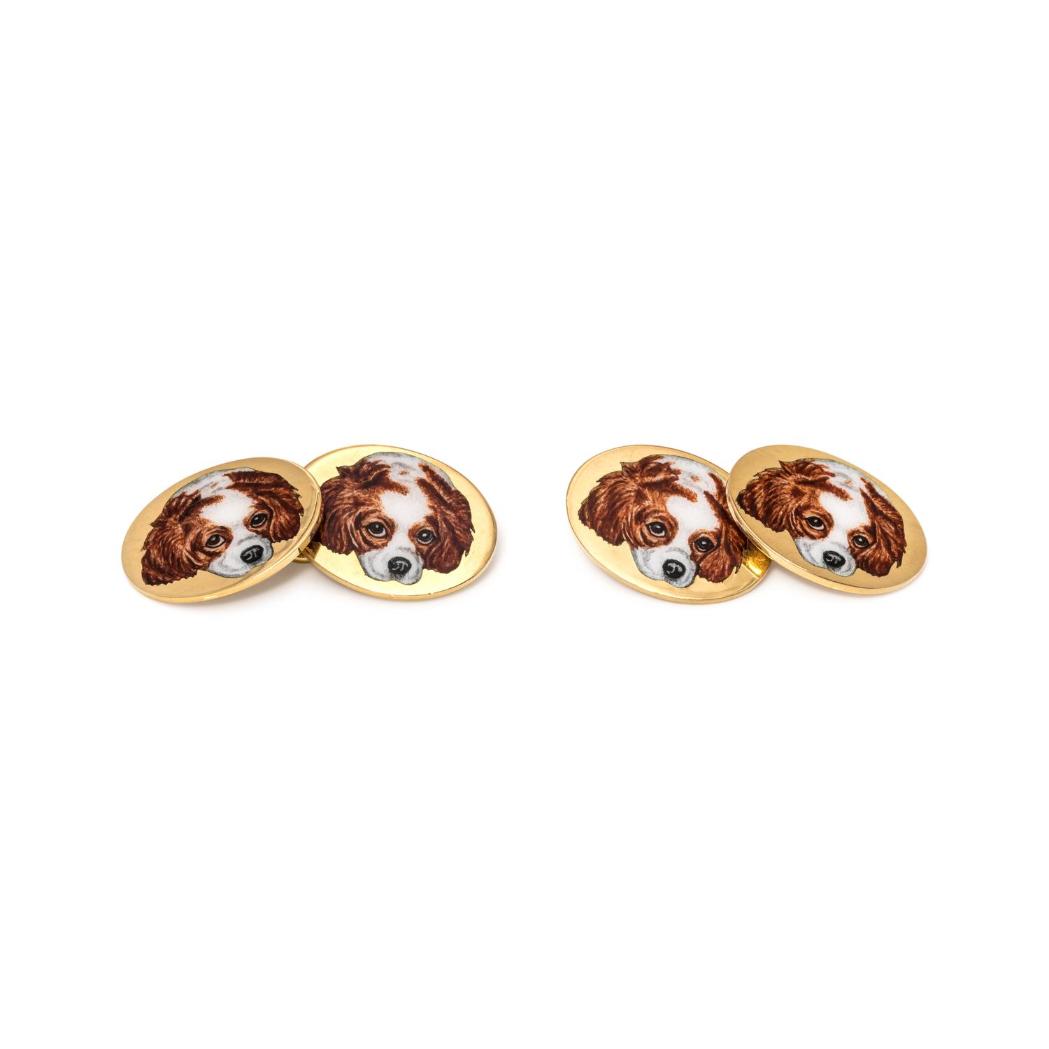 LONGMIRE, YELLOW GOLD AND ENAMEL DOG CUFFLINKS
