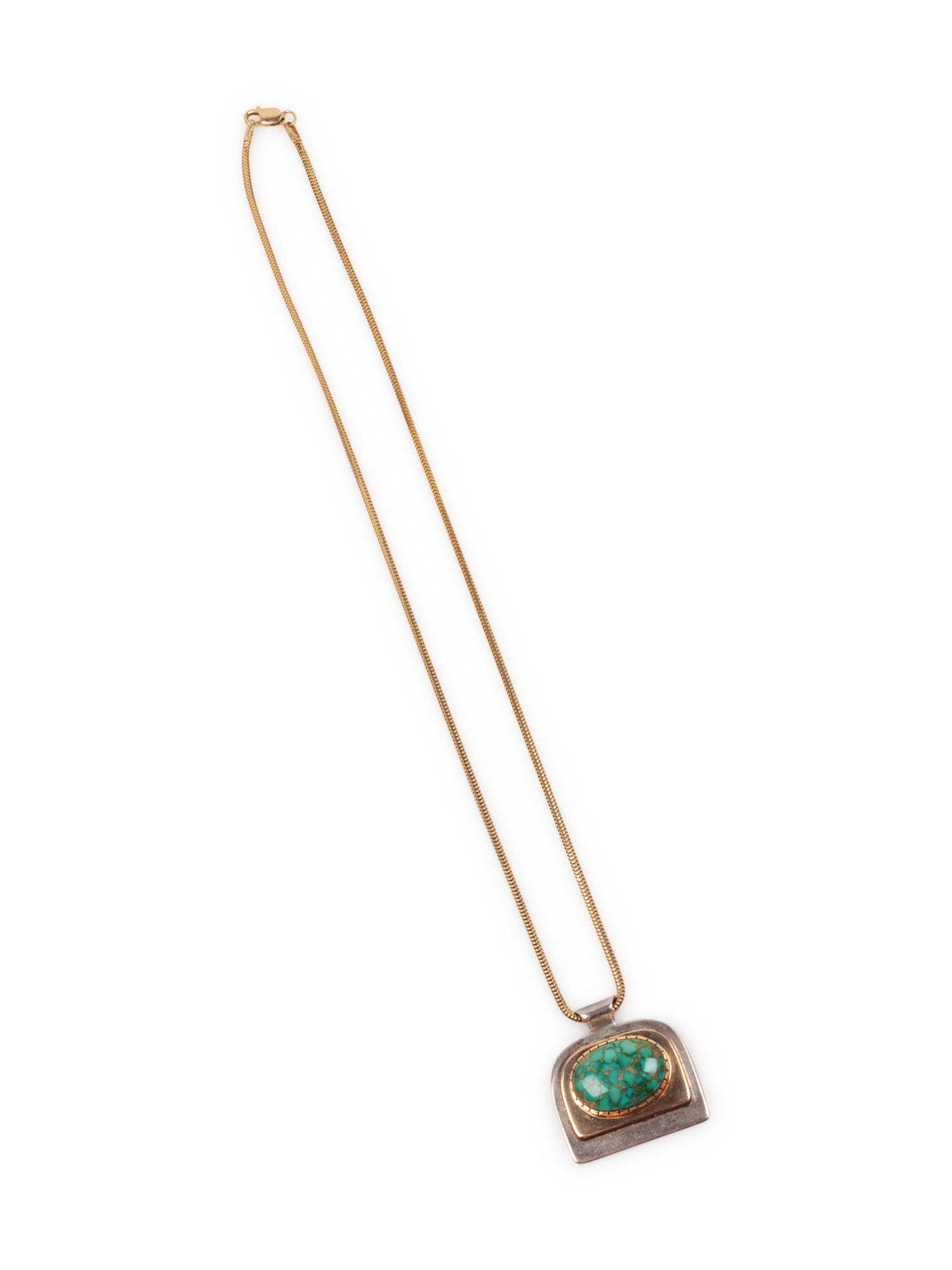 Turquoise, Silver, and Gold Pendant, on a 14k Gold Chain
