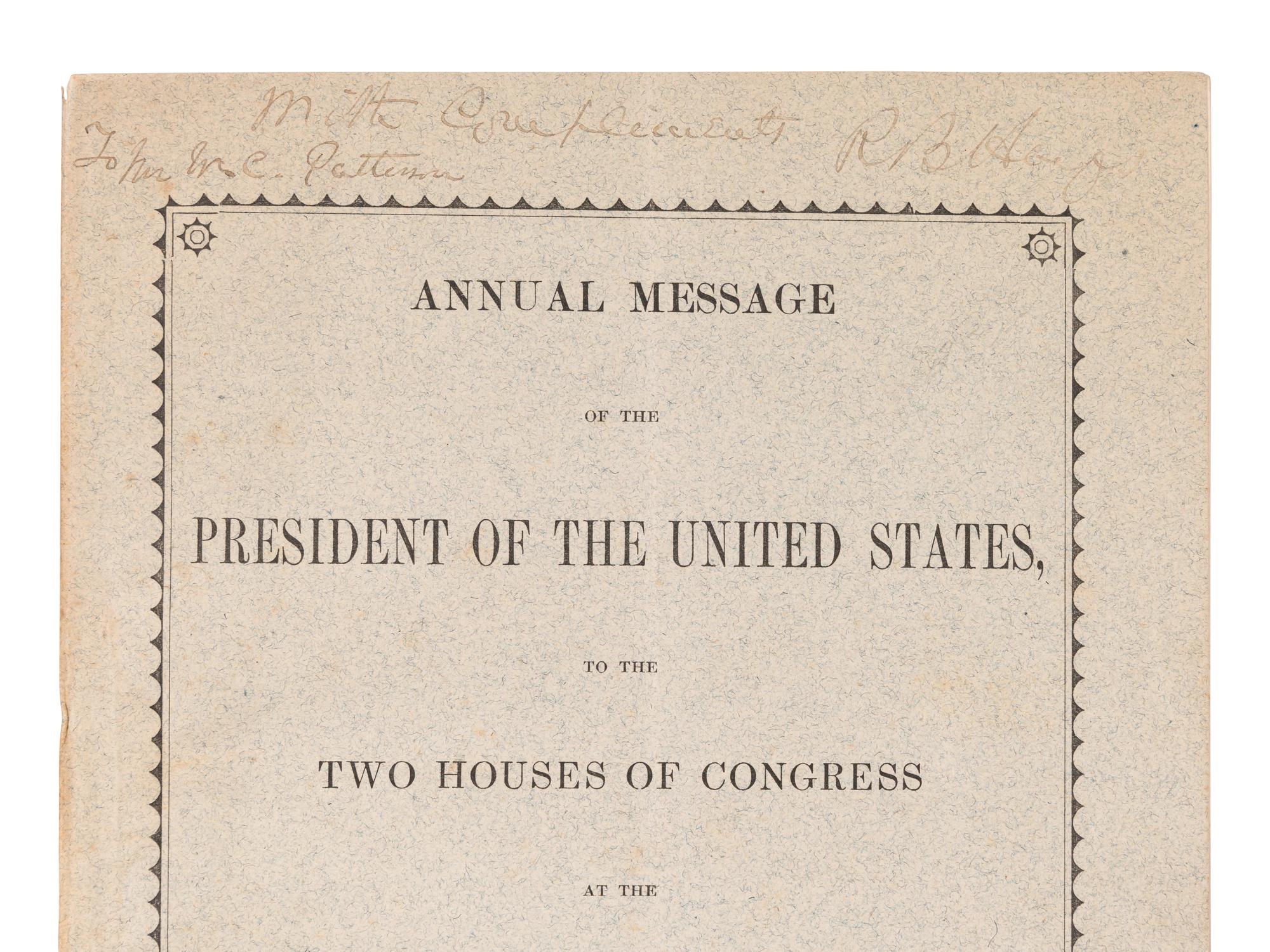 HAYES, Rutherford B. (1822-1893). Annual Message of the President of the United States to the Two Houses of Congress at the Commencement of the Third Session of the Forty-Sixth Congress . Washington: Government Printing Office, 1880.