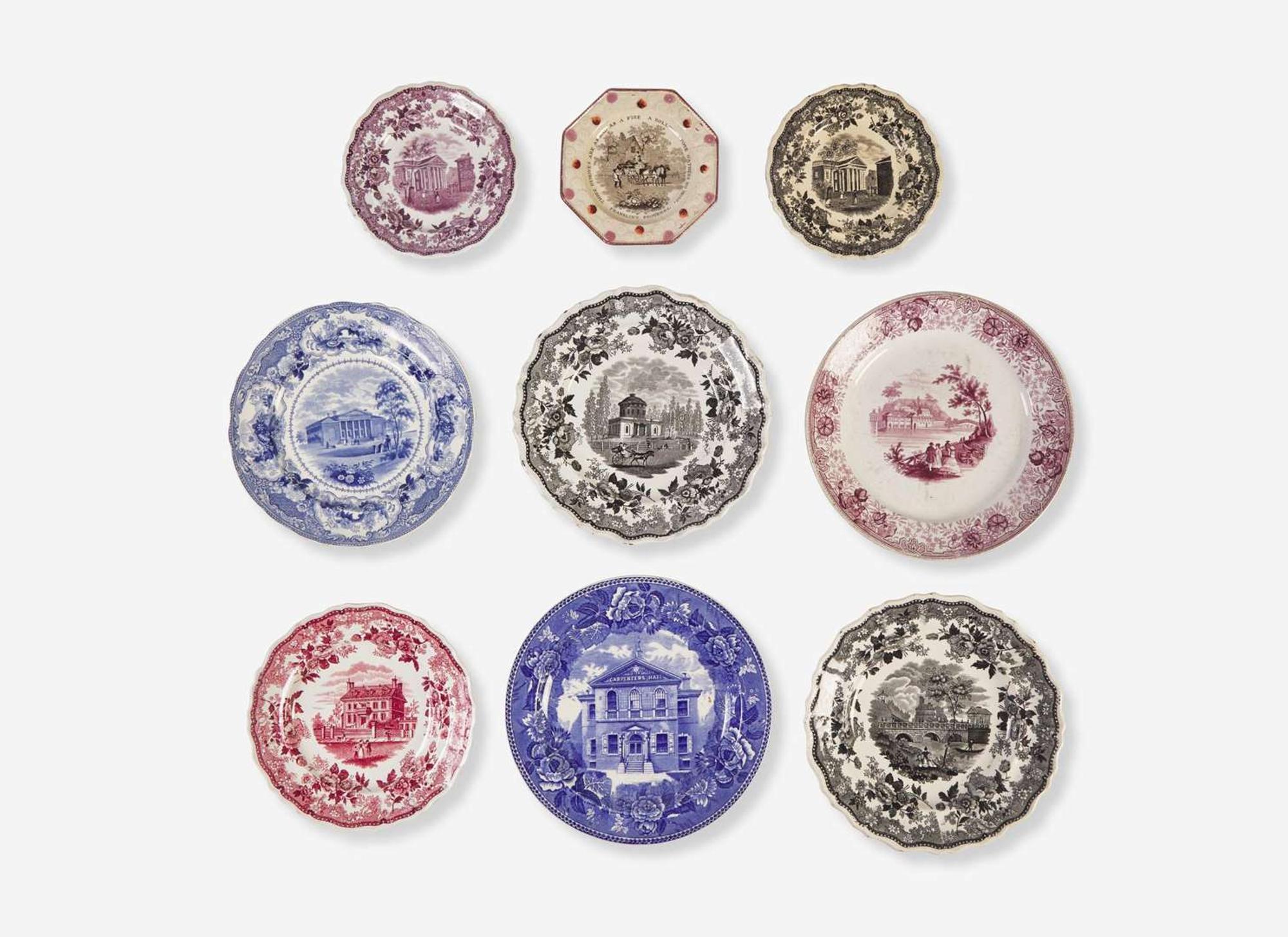 A collection of nine Staffordshire Historical Blue and transfer-printed tablewares; J.& J. Jackson, Burslem, T. Godwin, Burslem, Wedgwood, England, and others, first third 19th century and later